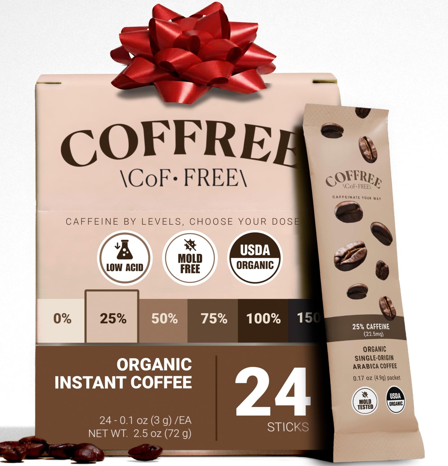Coffree Organic Instant Coffee Packets - 25% Low Energy Blend  Convenient Coffee Sticks  Mold Free  Low Acid Arabica For On-The-Go Energy - Hot Or Cold Balanced Taste Single Serve Tpartyl Packets 24 Count