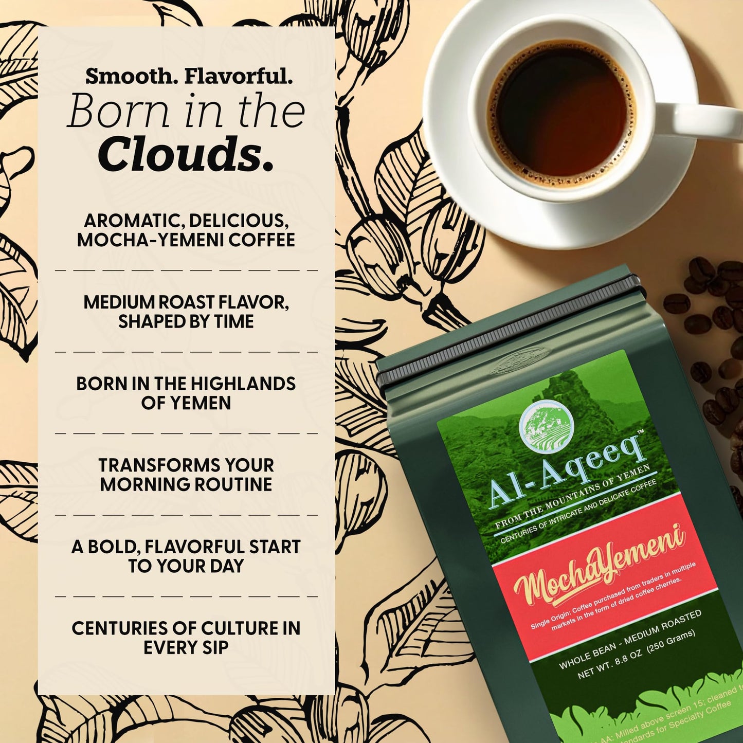 Al-Aqeeq Yemeni Coffee, Medium Roast Whole Bean, 8.8 oz - Authentic Single Origin Arabica, Freshly Roasted Coffee Beans