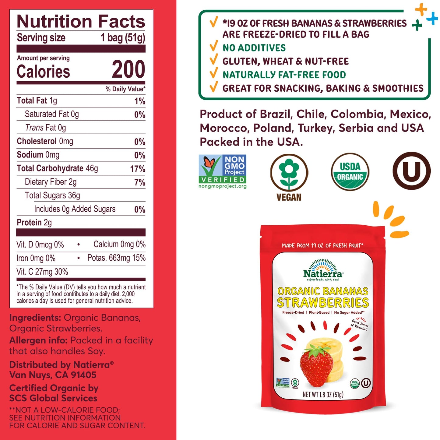 Natierra Organic Freeze-Dried Bananas and Strawberries | Non-GMO & Vegan | 1.8 Ounce (Pack of 2)