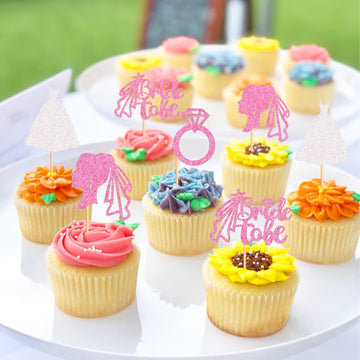 Ercadio 24 Pack Bride To Be Cupcake Toppers Pink Glitter Wedding Dress Ring Cupcake Picks Bride To Be Cake Toppers Wedding Engag