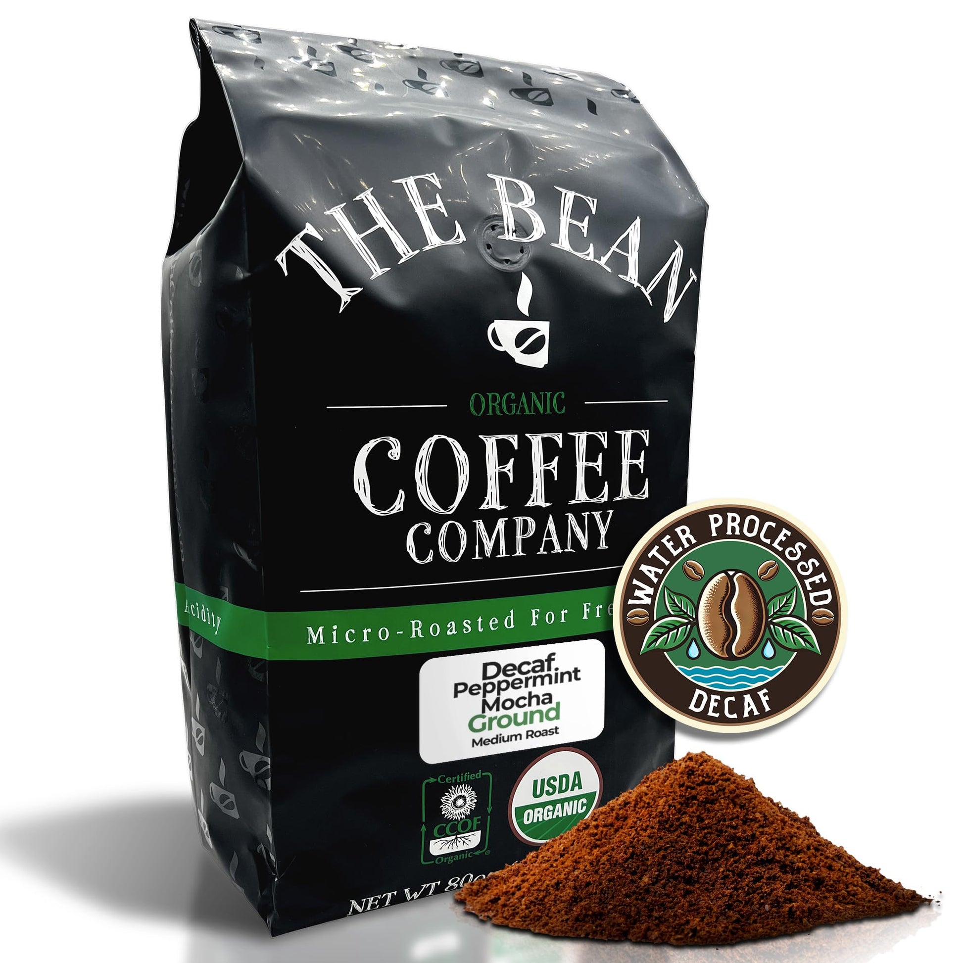 The Bean Organic Coffee Company Water Processed DECAF Peppermint Mocha, Medium Roast, Ground Coffee, 80 Ounce Bag, Caf   Molido 