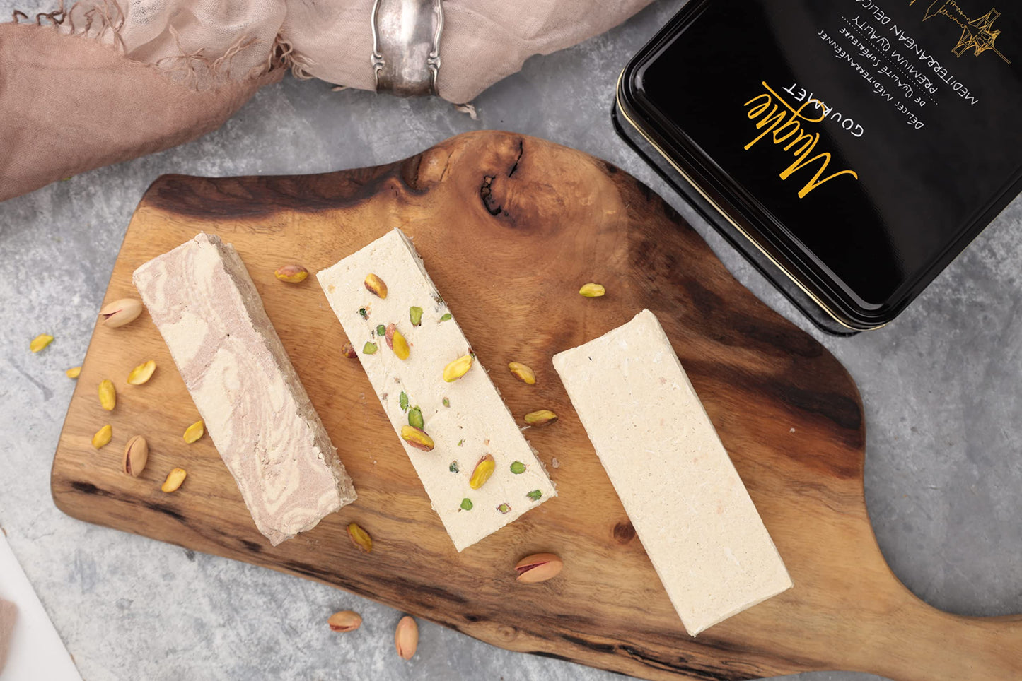 Mughe Gourmet Halvah Assortment 1.88lb (850g) Tin Gift Box - 3 Delicious Vegan Marble Tahini Halvah Bars Pistachio, Cocoa, Vanil