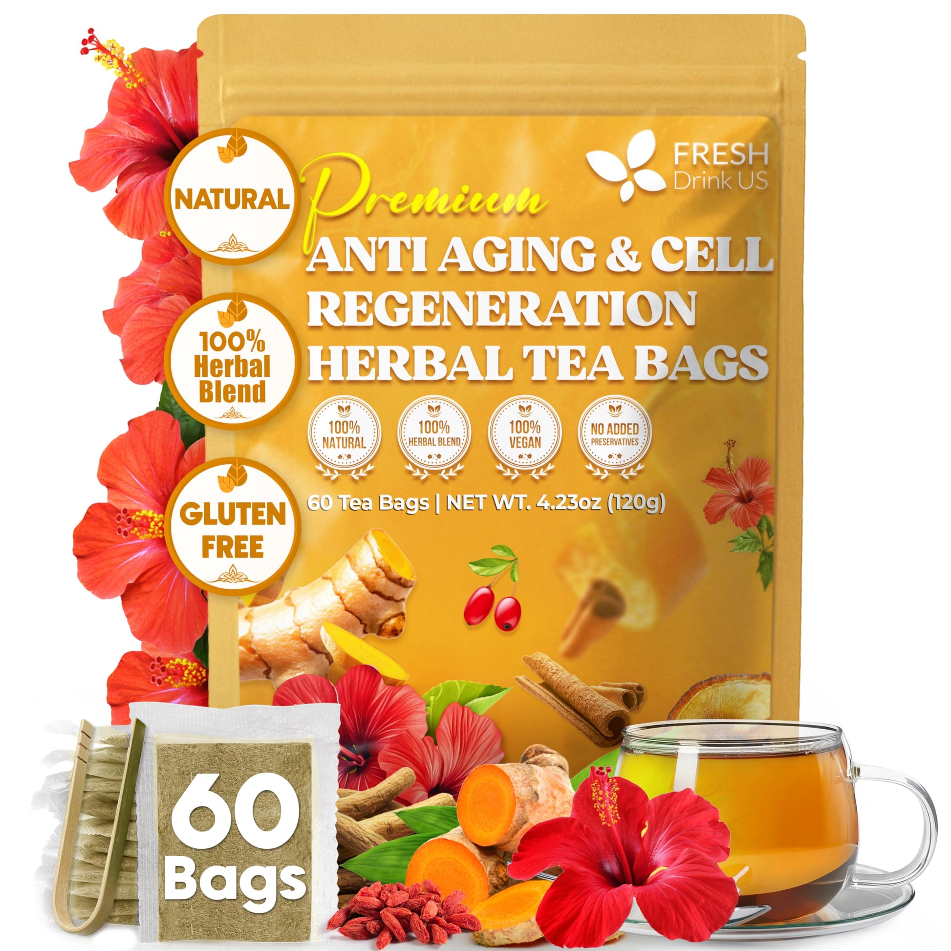 Freshdrinkus  Top-Grade Harmony Herbal Tea | 60 Tea Bags | 100% Natural Turmeric  Hibiscus  Ashwagandha  Goji Berry  Reishi  Cinnamon & Orange Peel - Naturally Aromatic Energy Blend-Free Tea