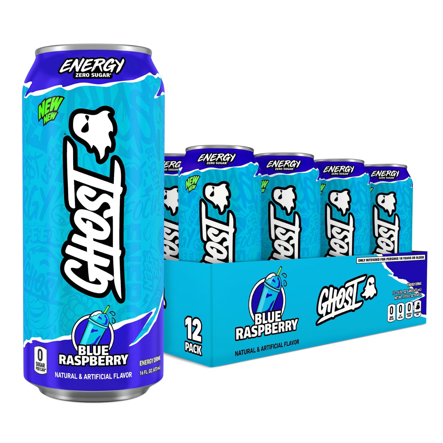 Ghost Energy Drink - 12-Pack  Blue Raspberry  16Oz Cans - Energy & Focus & No Artificial Colors - 200Mg Of Natural Energy Blend  L-Carnitine & Taurine - Gluten-Free & Vegan