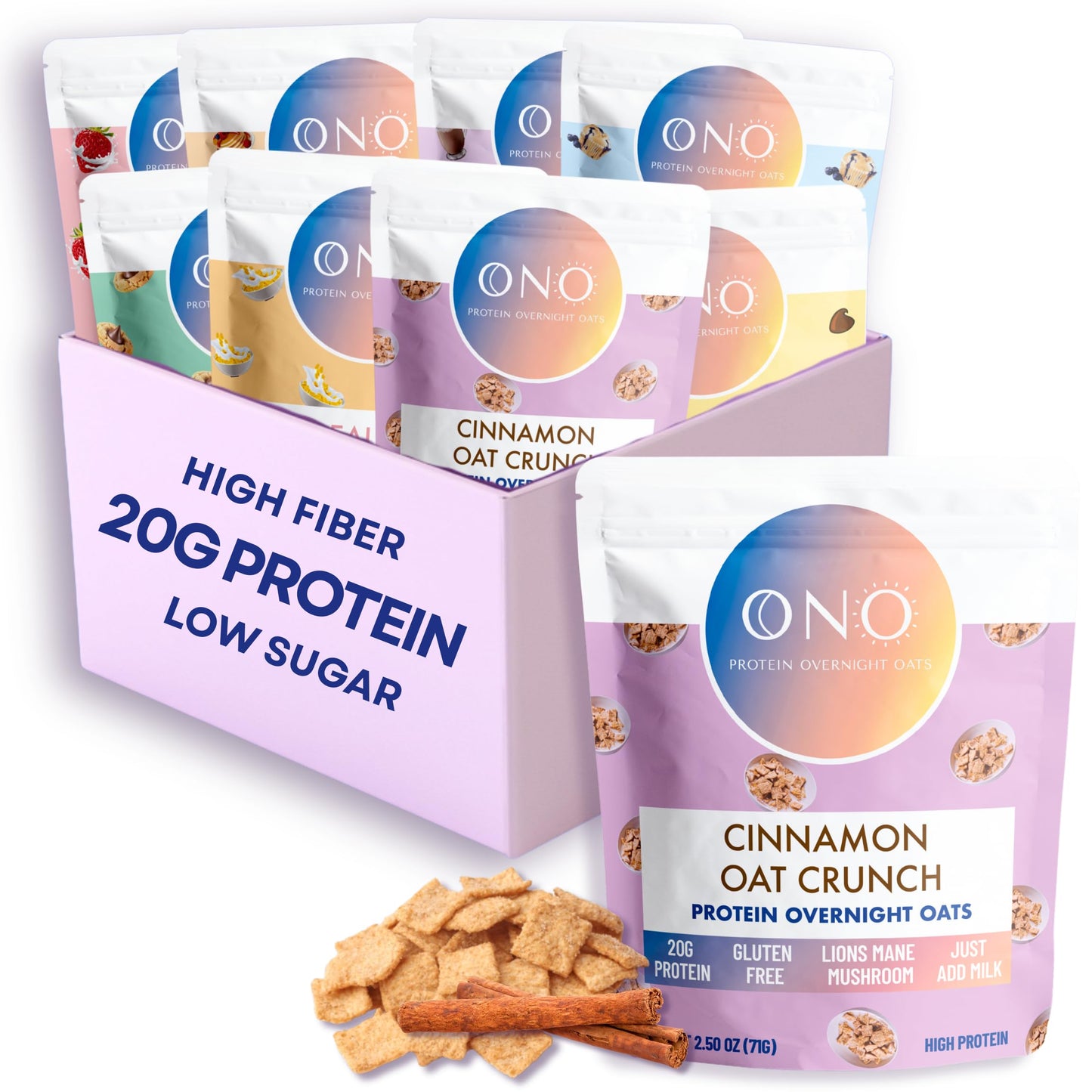 ONO Protein Overnight Oats - All Flavor Variety (8 Pack) - 20g Protein, Gluten Free, Dairy Free, Low Sugar Oatmeal - Organic Oat