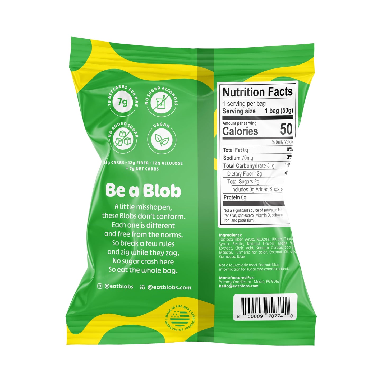 Blobs Gummy Candy - Healthy Low Carb Gummies - Vegan, Gluten Free - 1.8 oz per bag (Pack of 6) - Pineapple Passionfruit