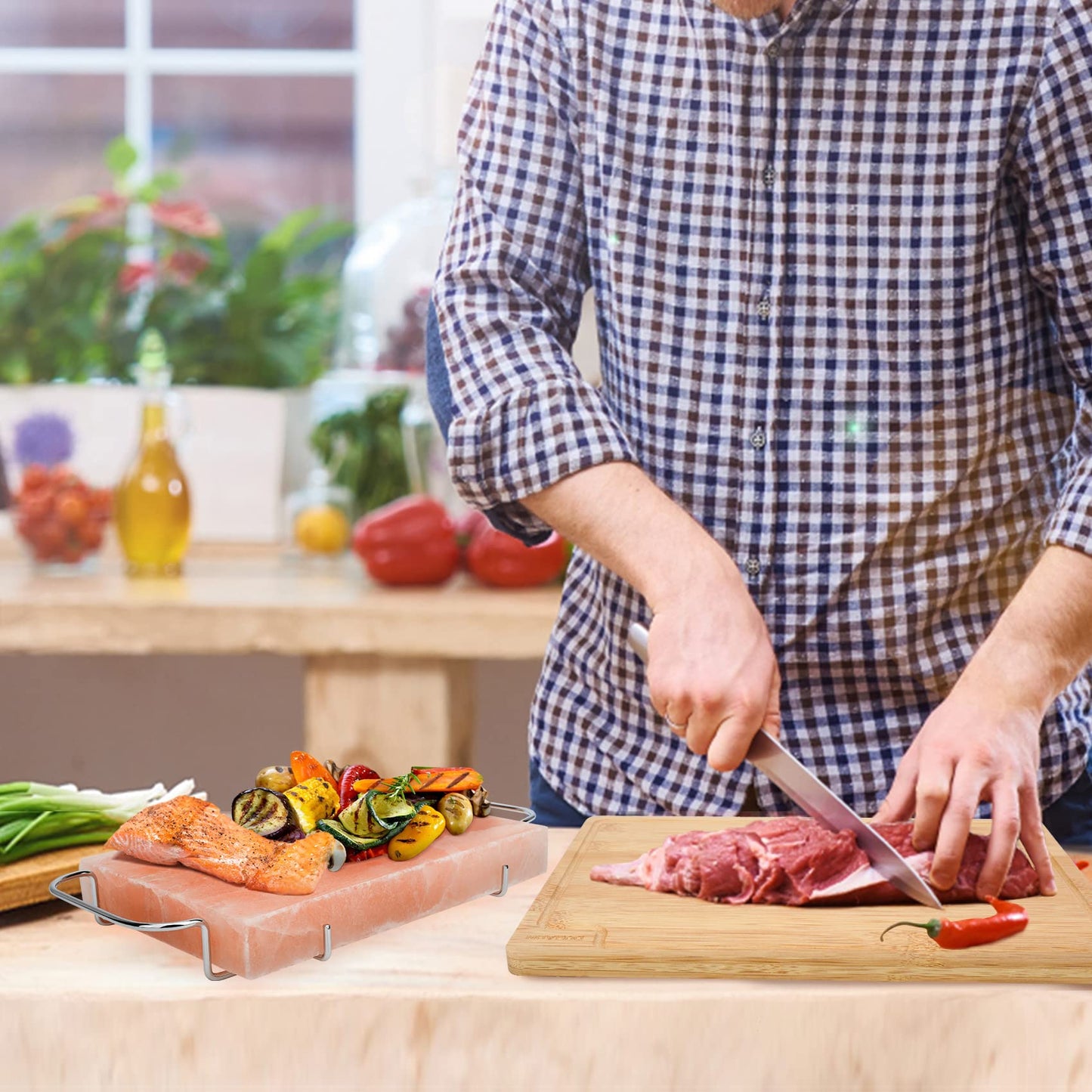 DOBADN Himalayan Salt Block Cooking Plate with Metal Support, Food Grade Rock Salt Slab Stone 12  X 8  X 1.5  for Grilling, Cook