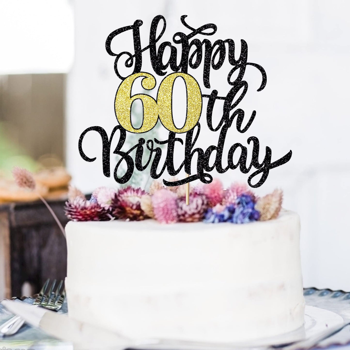 Leetaivie Happy 60Th Birthday Cake Topper, Black Gold Glitter Birthday Cake Topper, 60Th Anniversary/ 60Th Birthday Party Decora