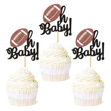 Ercadio 24 Pack American Football Oh Baby Cupcake Toppers Black Glitter Rugby Oh Baby Cupcake Picks Sports Theme Oh Baby Cupcake