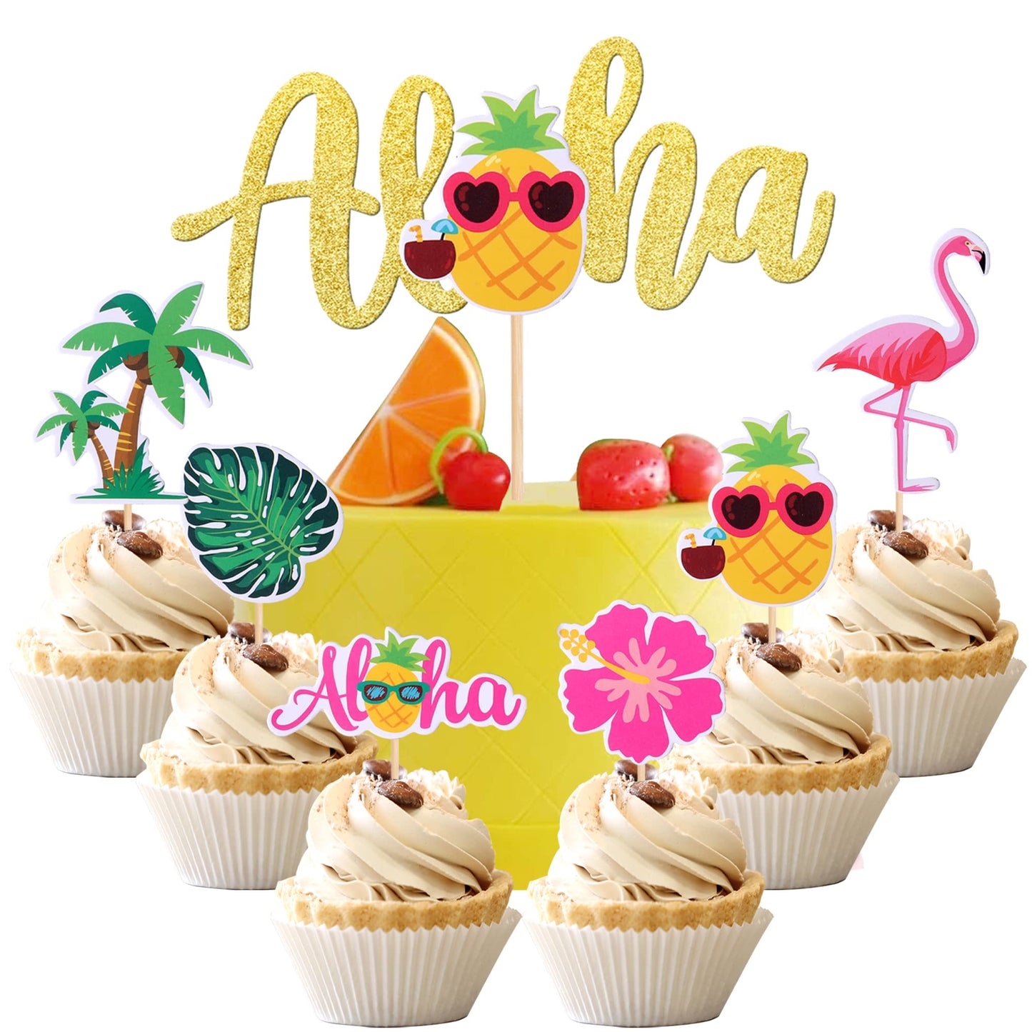 25 PCS Tropical Theme Cupcake Toppers with Aloha Cake Topper Palm Tree Turtle Leaves Flamingo Pineapple Cupcake Picks for Summer