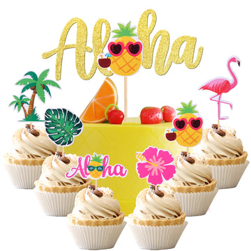 25 PCS Tropical Theme Cupcake Toppers with Aloha Cake Topper Palm Tree Turtle Leaves Flamingo Pineapple Cupcake Picks for Summer