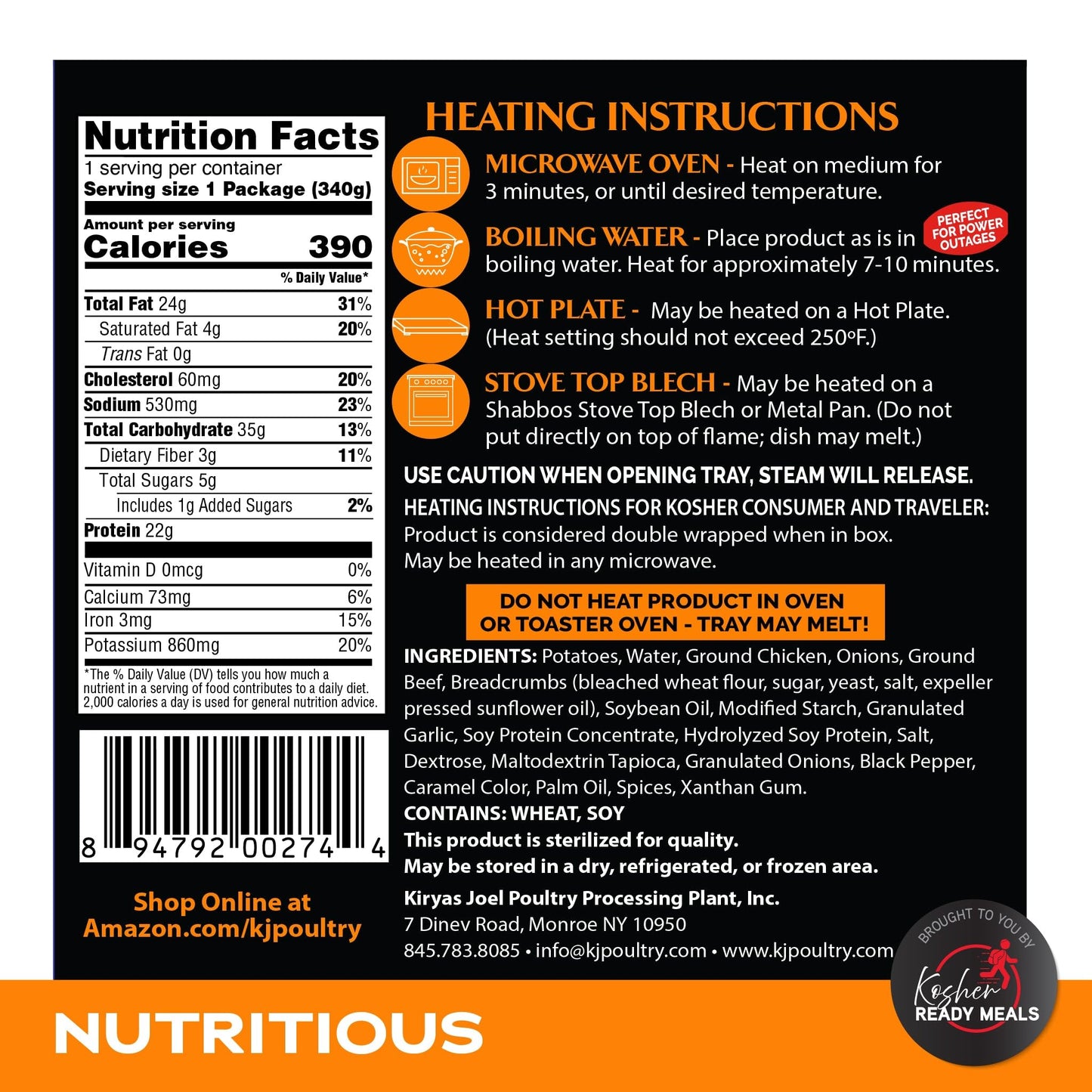 KJ Poultry Kosher Ready Meals Meatloaf & Mashed Potatoes 6 Pack Fully Cooked Microwave Dinner