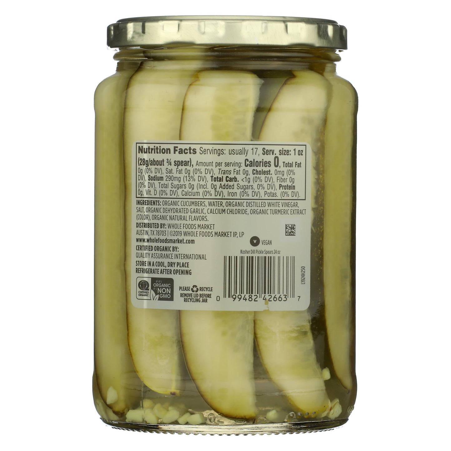 365 by Whole Foods Market, Organic Kosher Dill Pickle Spears, 24 Fl Oz