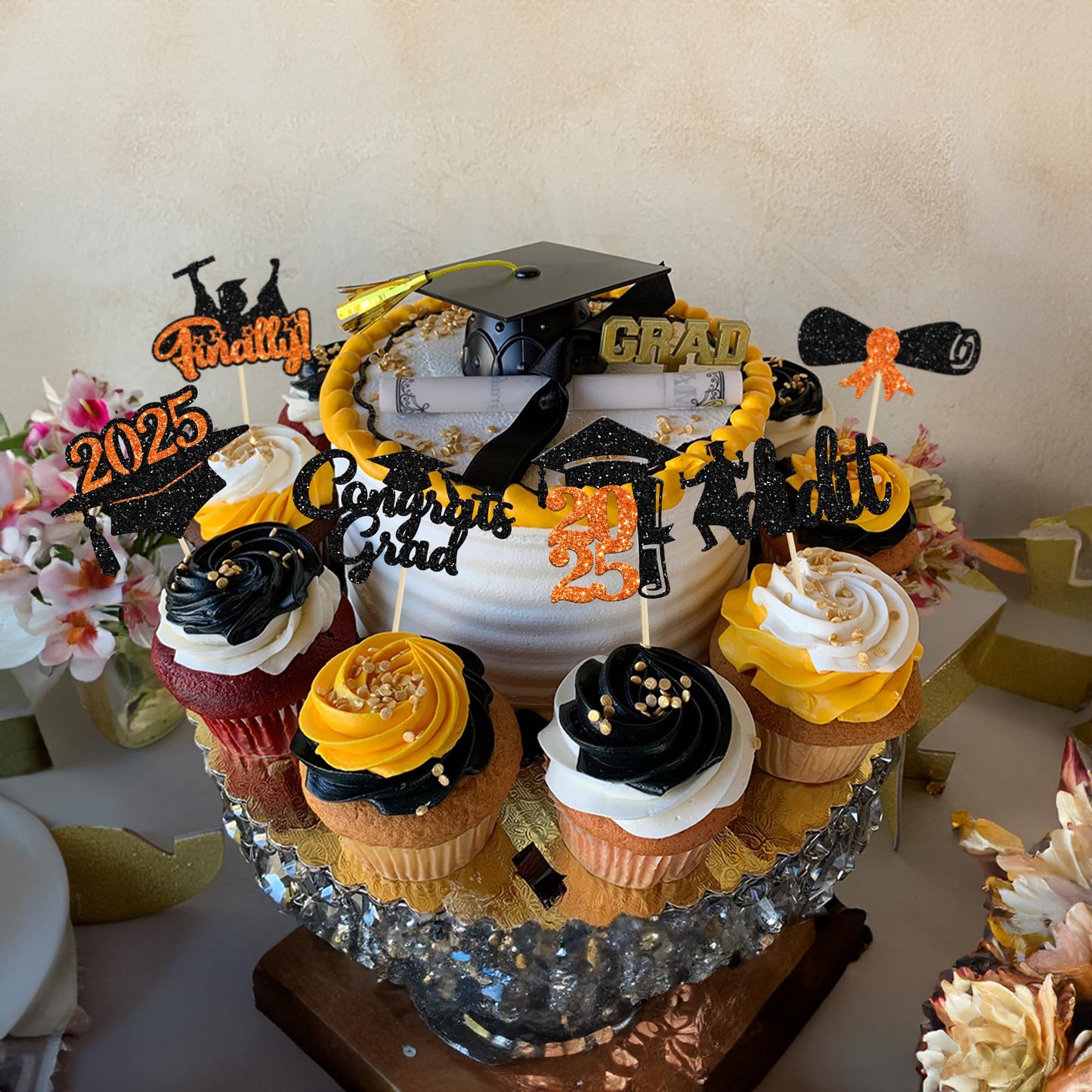 Gyufise 24Pcs 2025 Graduation Cupcake Toppers Orange Glitter Congrats Class Of 2025 Finally I Did It Diploma Grad Cap Cupcake Pi