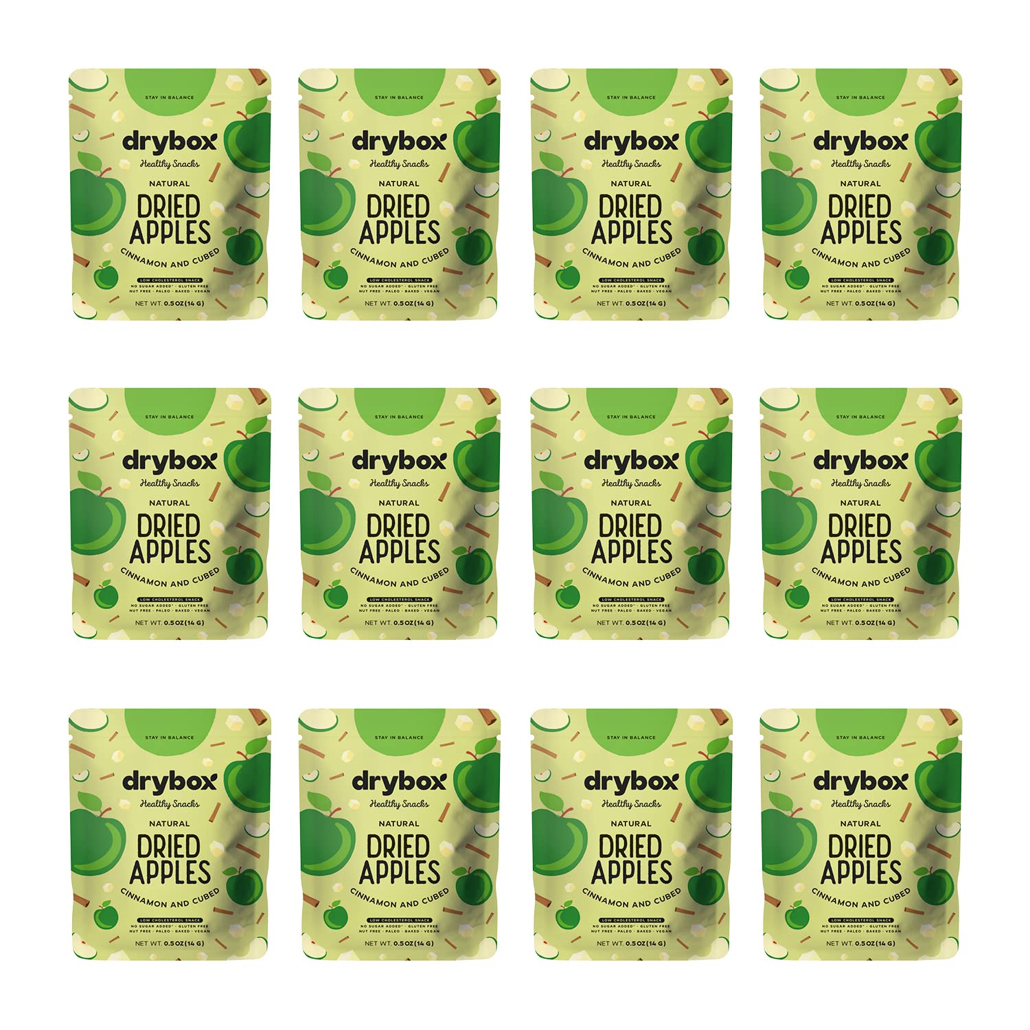 Drybox Dried Cinnamon Apple Cube 12 Snack Packs, No Sugar Added Dried Apples with Sweet Cinnamon | Non-GMO Gluten Free Paleo Ket