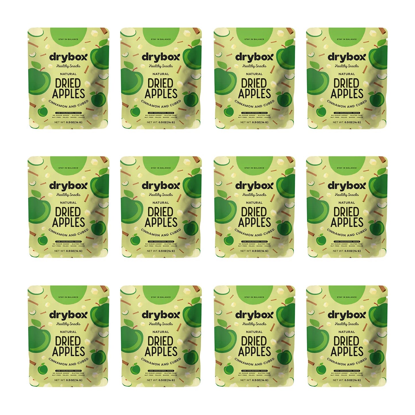 Drybox Dried Cinnamon Apple Cubed 36 Snack Packs | No Sugar Added Dried Apples with Sweet Cinnamon | Non-GMO Gluten Free Healthy