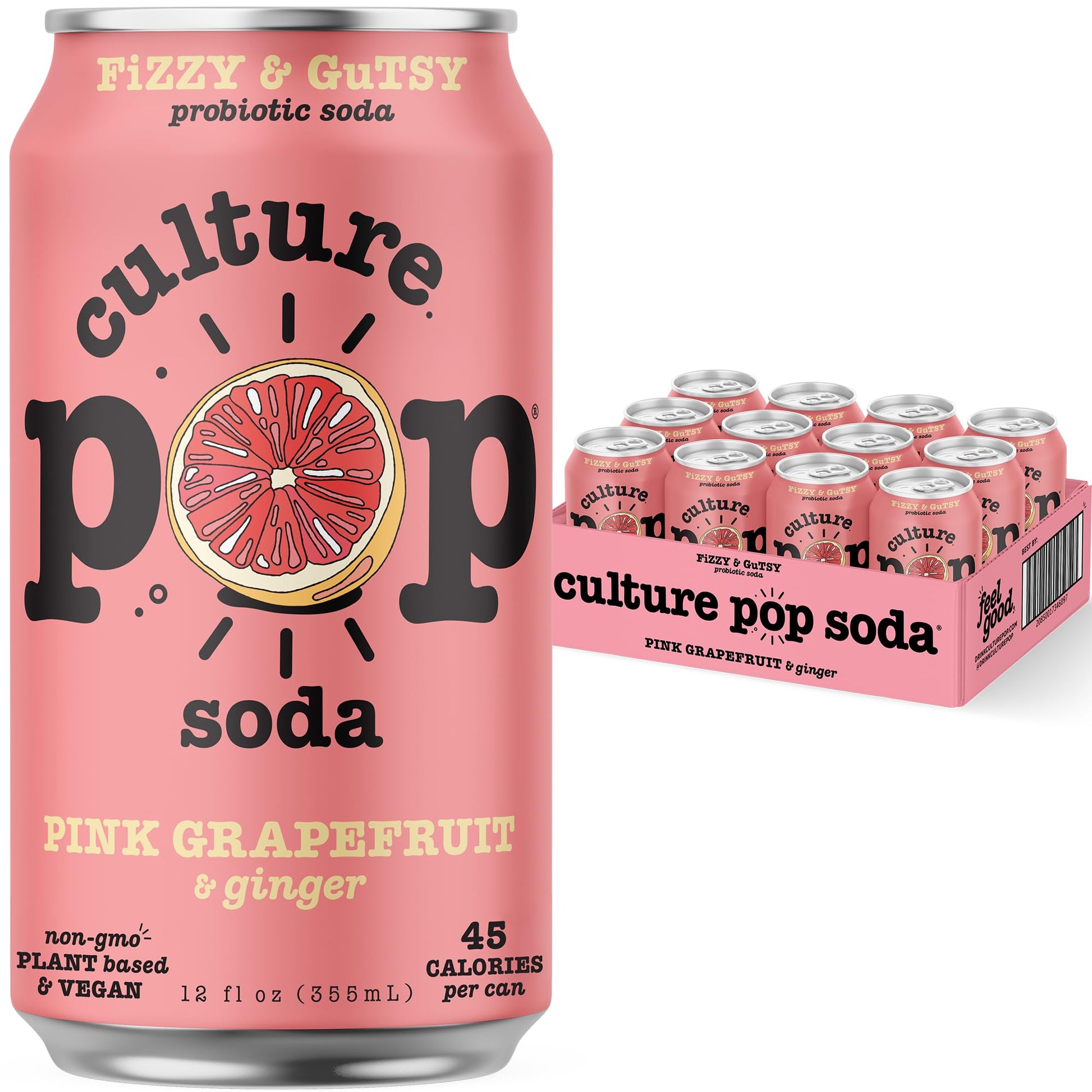 Culture Pop Soda, Pink Grapefruit & Ginger, Probiotic Low Sugar Soda, Sparkling Juice Alternative, Non-Gmo, Kosher, Gluten-Free, No Stevia (12Pk)