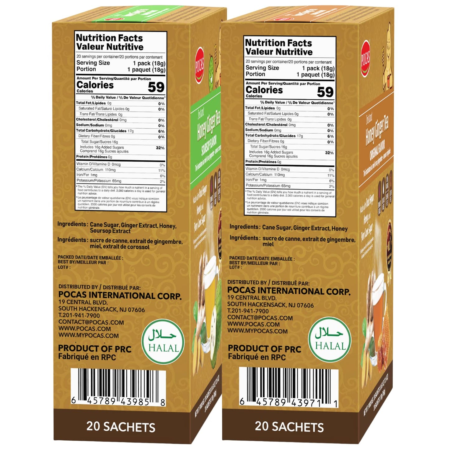 Pocas Honey Ginger Instant Tea Powder, Original & Soursop Variety 2-Pack, Ginger Extract & Real Honey, Caffeine-Free Tea, 20 Packets Per Box