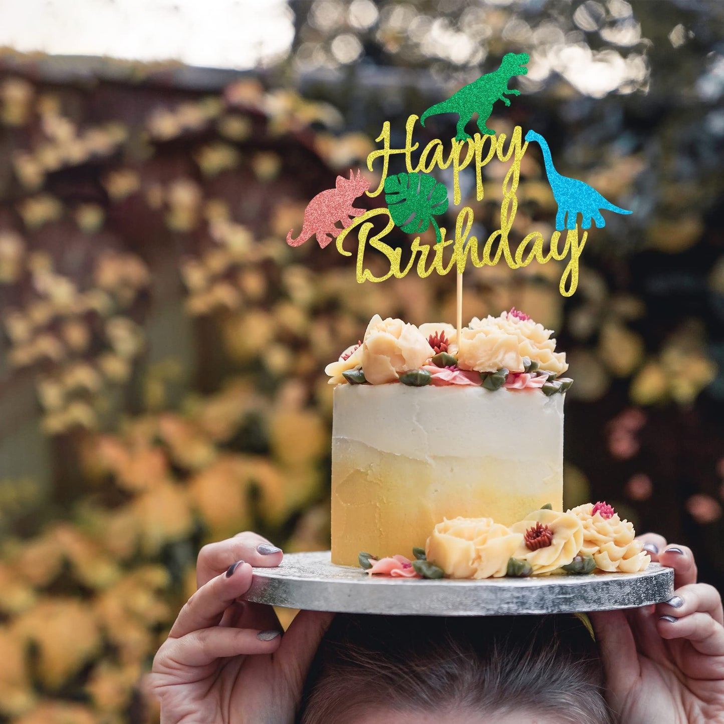 Arthsdite Dinosaur Happy Birthday Cake Topper With Leaves Dinsaurs Birthday Roar Cake Pick For Dino Theme Baby Shower Kids Boys