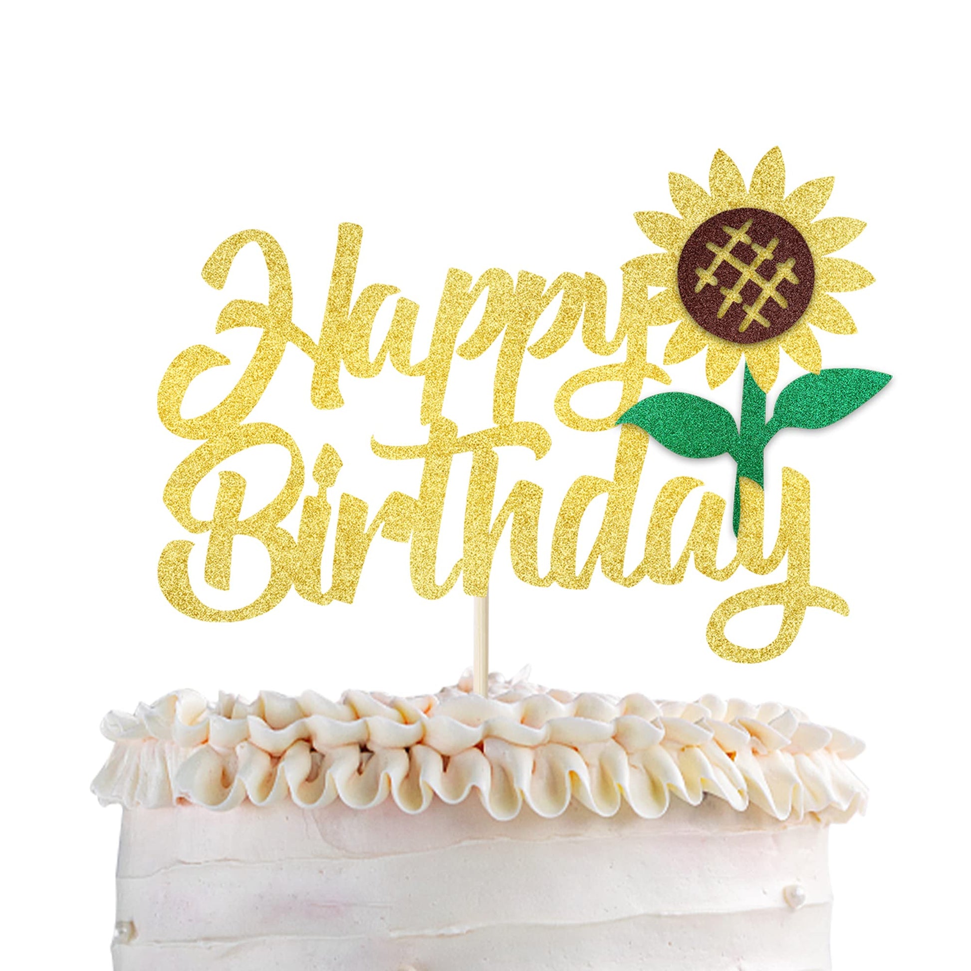 YCTHUNFISH Happy Birthday Cake Topper Glitter Sunflower Decoration for Kids Parties, Summer Baby Showers, 1 Pack