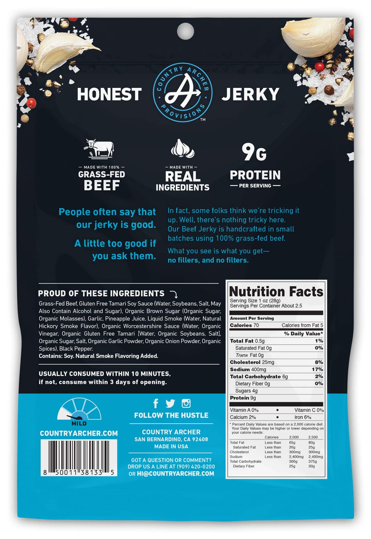 Original Beef Jerky By Country Archer, 100% Grass-Fed, Gluten Free, Protein Snacks, 2.5 Ounces, 4 Pack