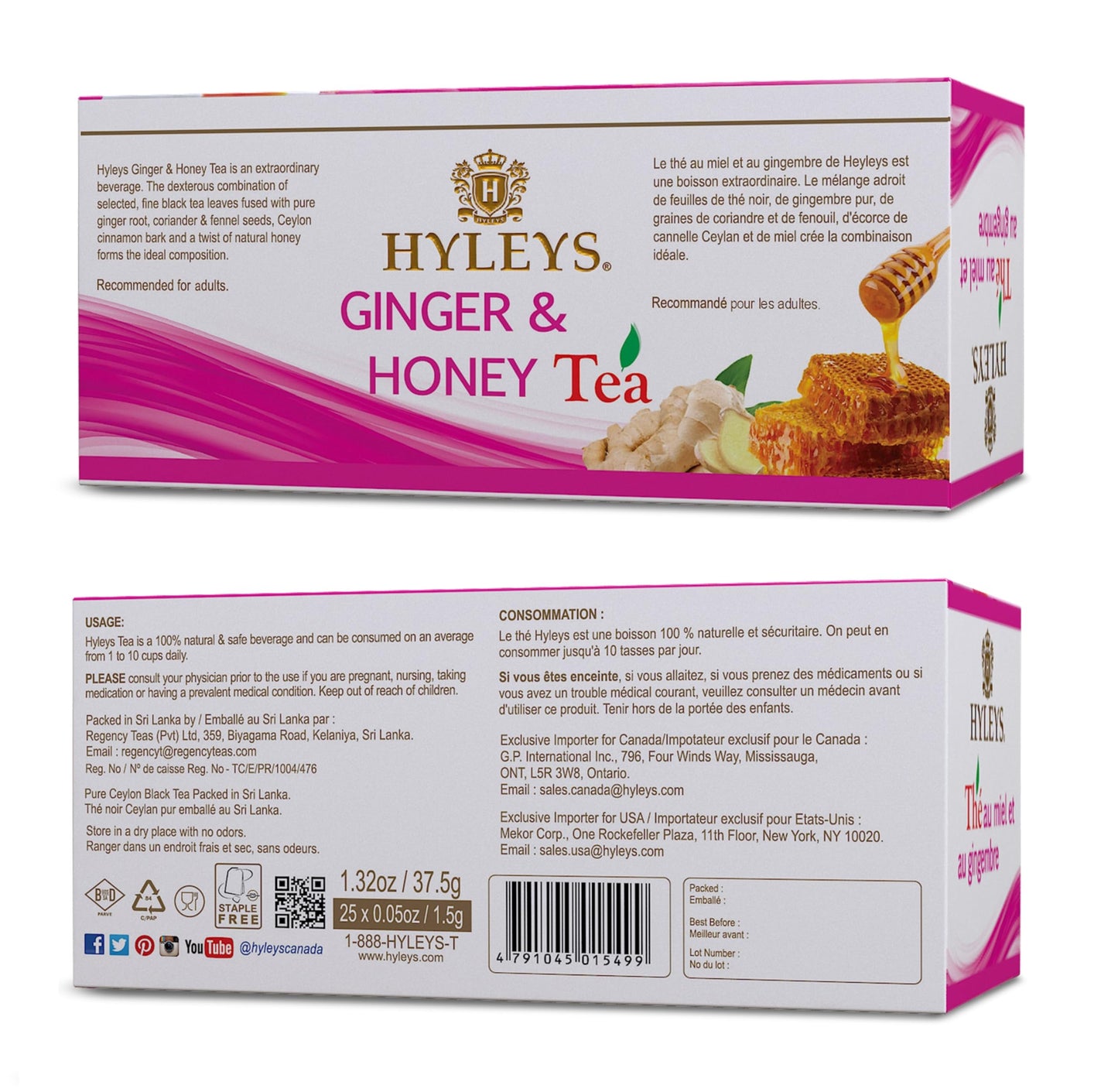 HYLEYS Ginger & Honey Black Tea - Natural Digestive Support - 25 Tea Bags (Pack of 12) - Ceylon Tea, 300 Total Bags