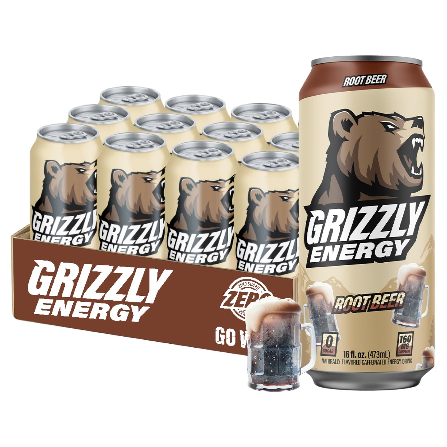 Grizzly Energy Drink Root Malt-Inspired Taurine B Vitamins & 160Mg Caffeine - Energy Focus & Hydration Boost - 10 Calories, Zero Sugar - No Artificial Colors Or Flavors - 16 Fl Oz (12 Pack Cans)