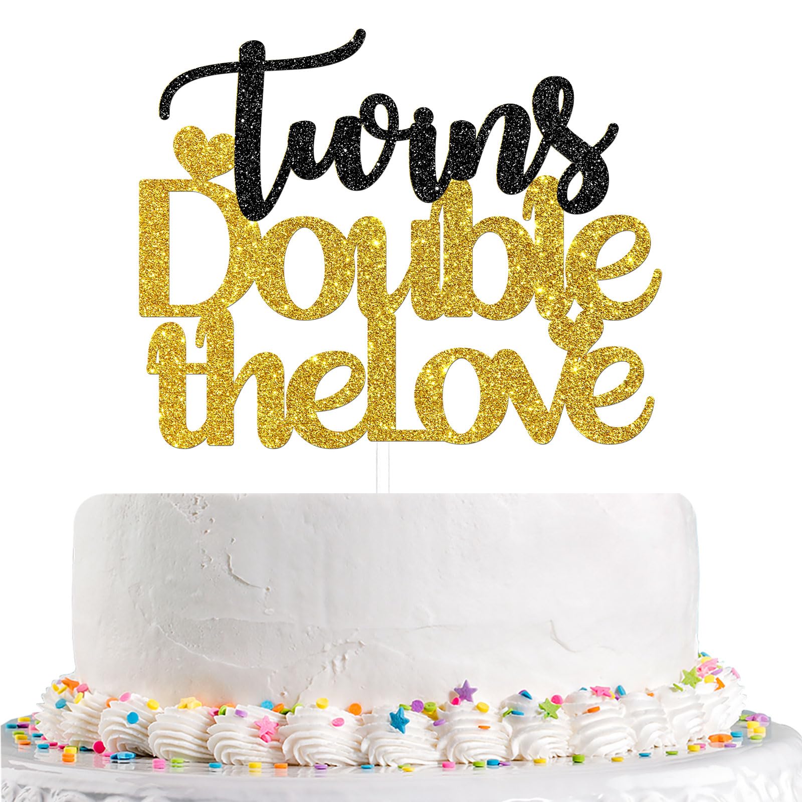 Talorine Twins Double The Love Cake Topper, Gold Black Glitter, Cardboard
