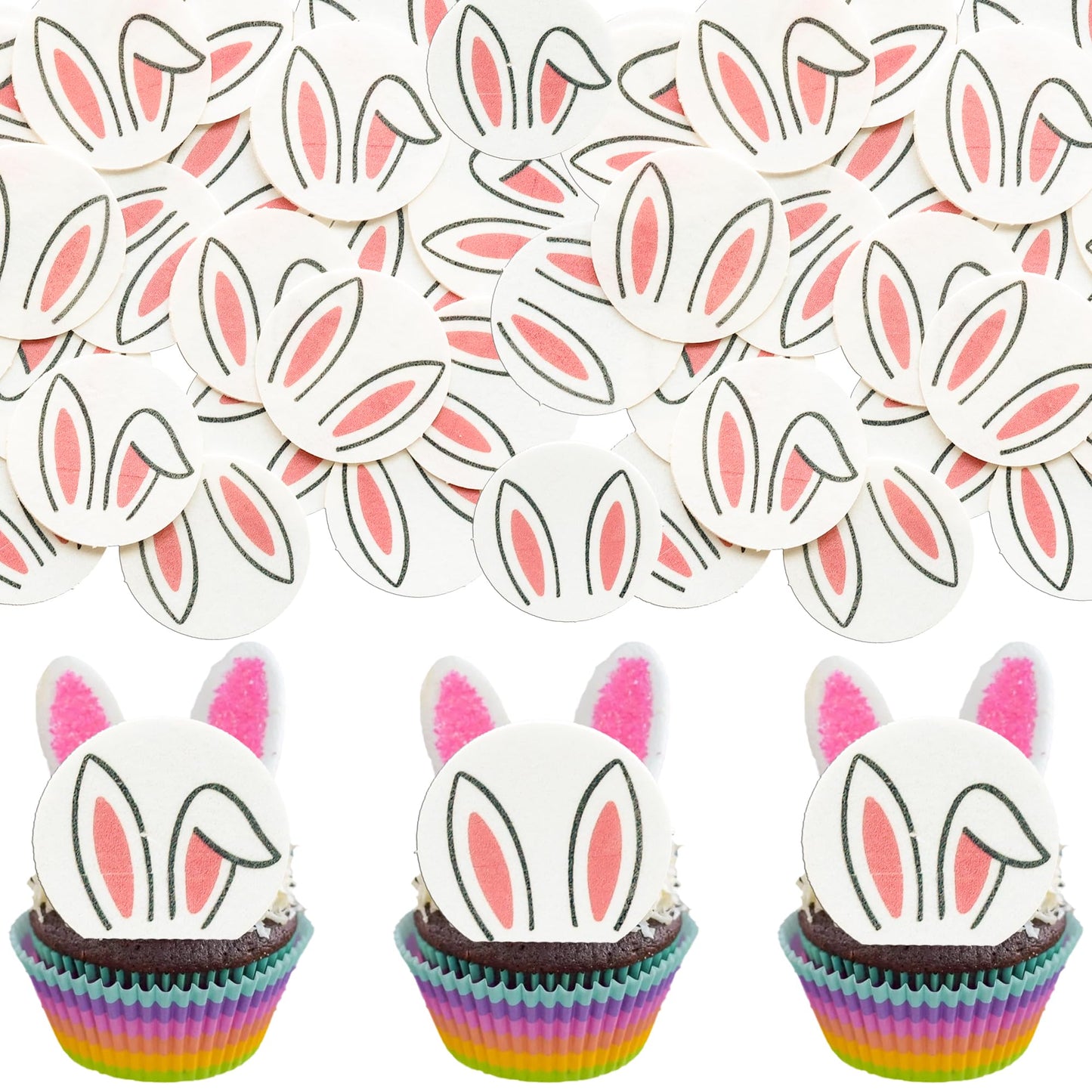 Gyufise 50Pcs Edible Easter Bunny Ear Cupcake Toppers Edible Pink White Rabbit Ears Cupcake Picks Wafer Paper Easter Day Cake Toppers For Spring Birthday Baby Shower Party Supplies