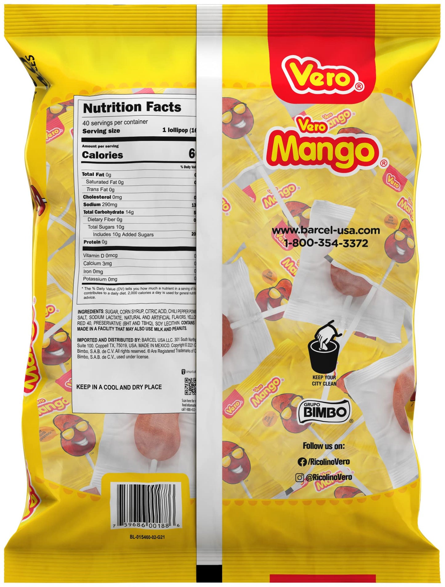 Vero Mango Lollipops Coated with Chili Powder, Hot and Sweet Candy Treat, Artificially Flavored, Net Wt. 19.7 Ounces, 40 Count B