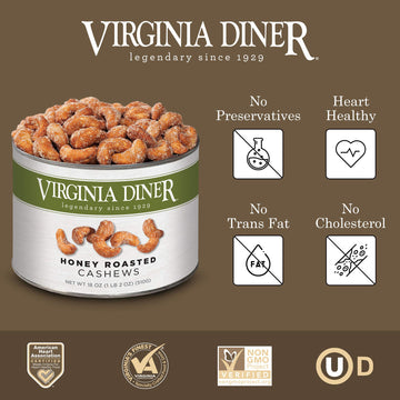 Virginia Diner Honey Roasted Cashew - Jumbo Honey Roasted Gourmet Cashews Gift Tin Non-GMO, Preservative Free Gifts from Virgini
