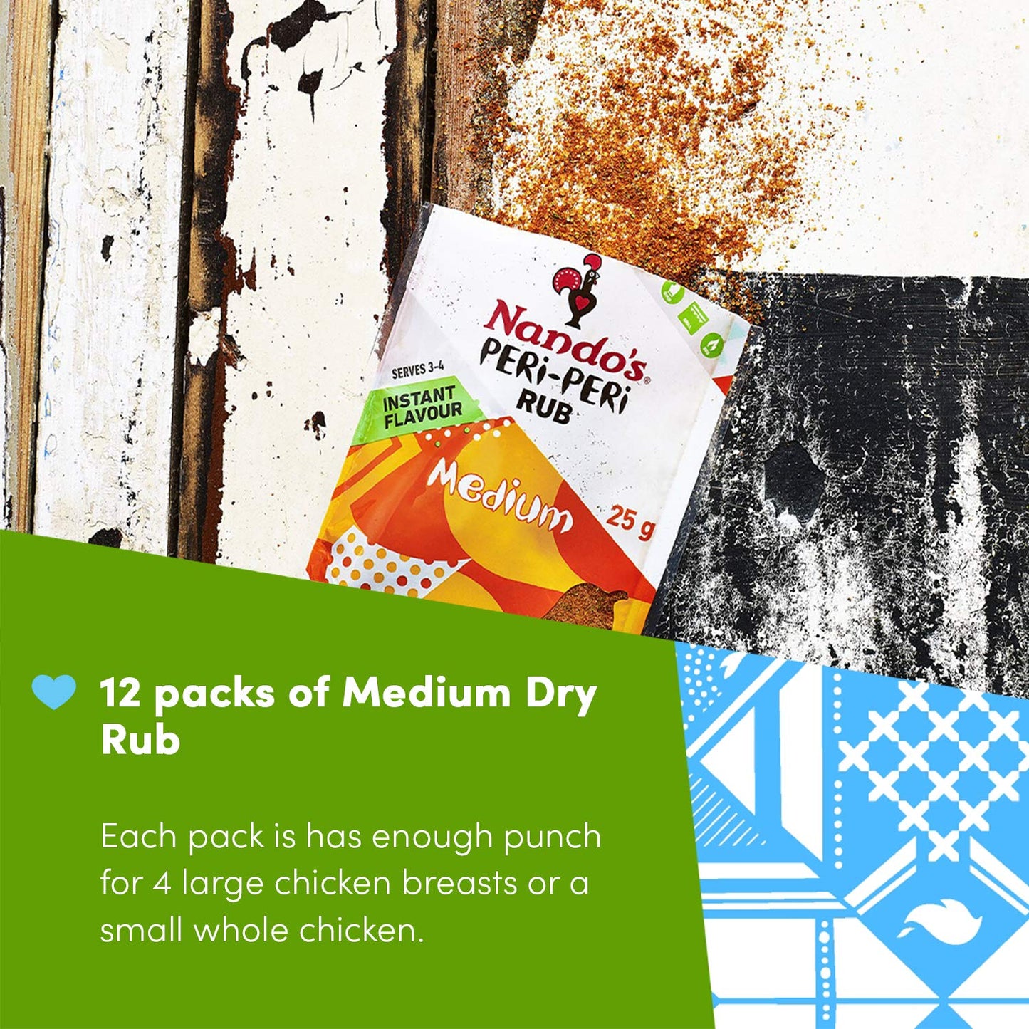 Nandos Peri-Peri Medium Dry Rub - Bbq Seasoning Instant Flavor With A Blend Of Garlic, Herbs And Spices With Peri-Peri 25G Bags (12Pk)