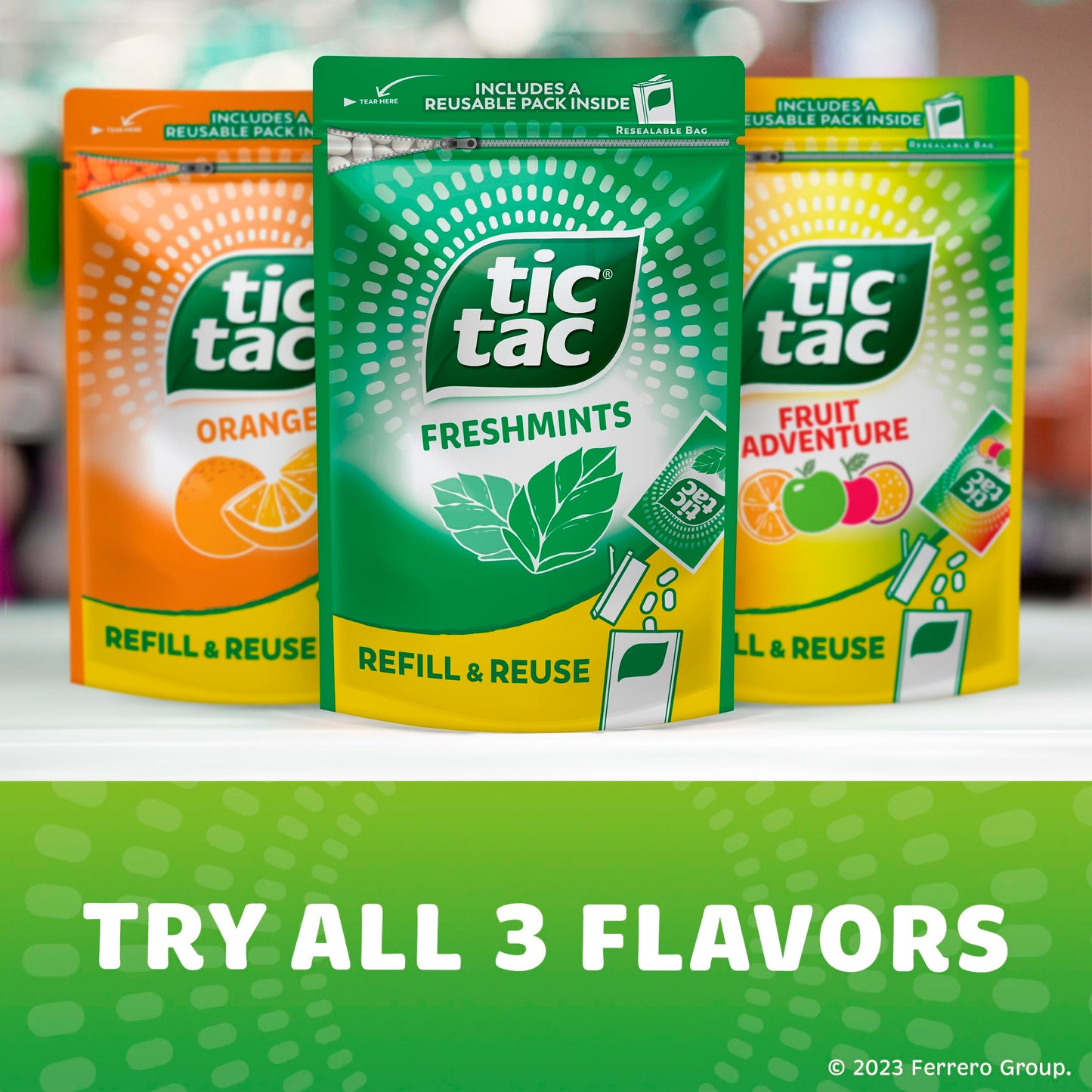Tic Tac Bulk Resealable Refill Bag, Freshmint Breath Mints, On-The-Go Refreshment, Includes Empty Refillable Pack, 17.2 oz