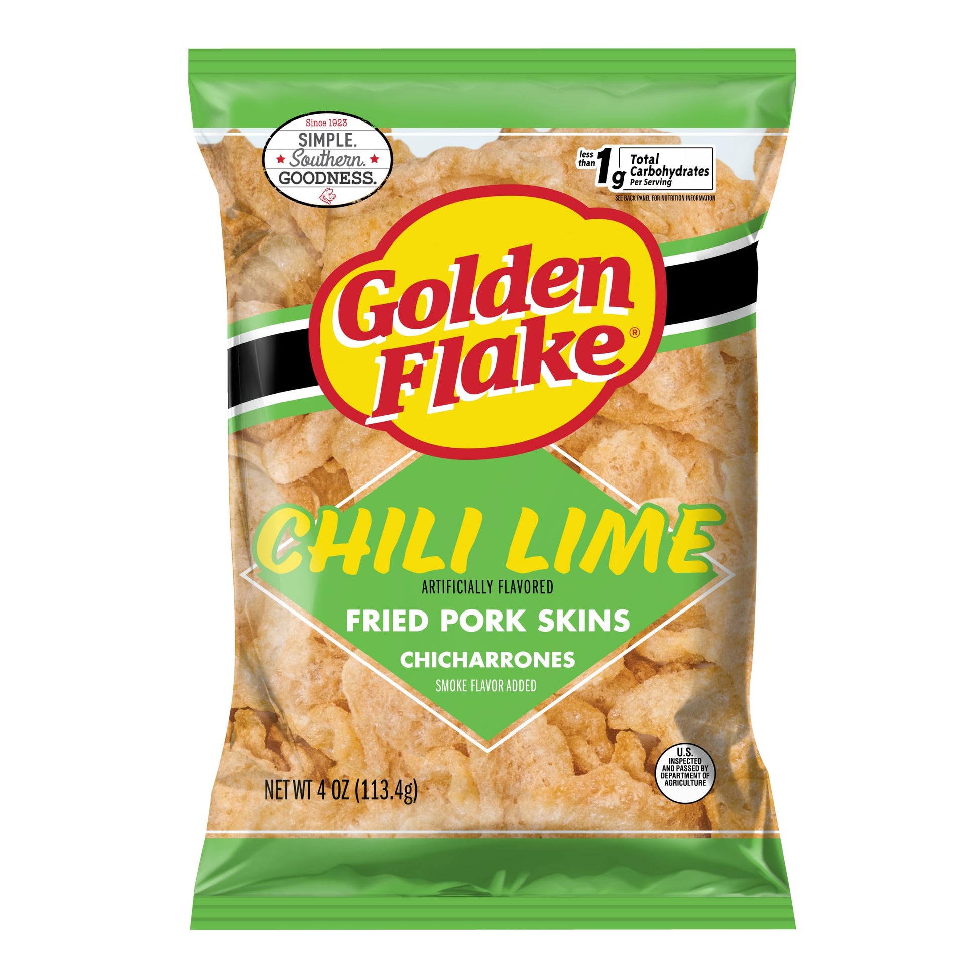 Golden Flake Chili Lime Pork Rinds  4 oz Bags (Pack of 12) - Tangy Spicy Pork Skins - Gluten-Free  Low Carb  Keto Snack with Bold Southern Flavor