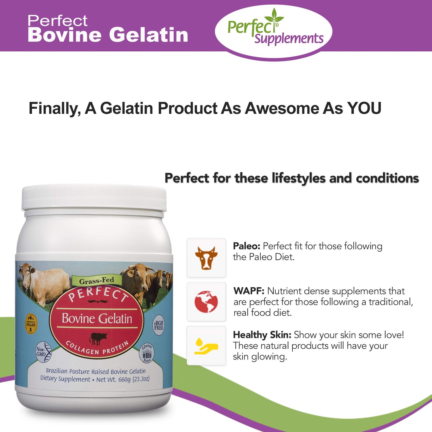 Perfect dietary products - Perfect Bovine Gelatin - 660 Grams - 100% Beef Gelatin Collagen Protein - Supports Healthy Skin & Joint Health