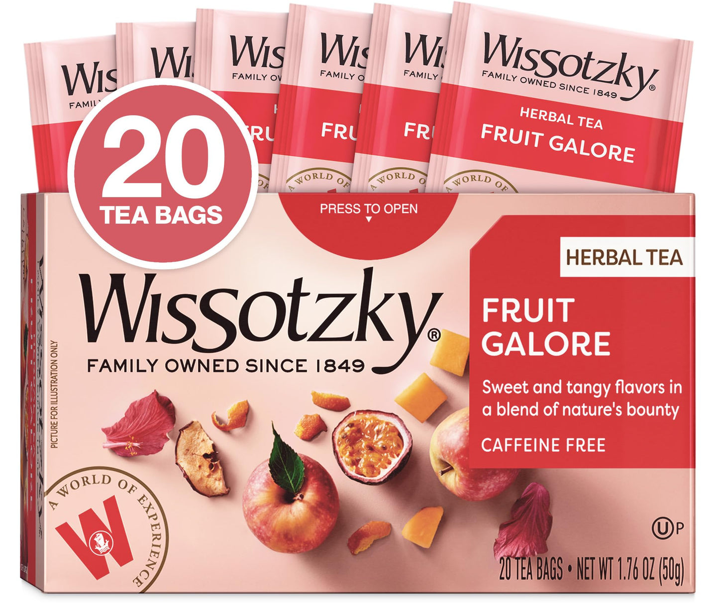 Wissotzky Herbal Tea, Fruit Galore Blend, Caffeine Free, 20 Tea Bags, Pink