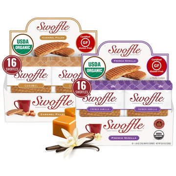 Gluten Free Organic Stroopwafels by Swoffle - Caramel Filled & French Vanilla | (2) Cases, (16) of Each Flavor | 1.16oz Wafers |
