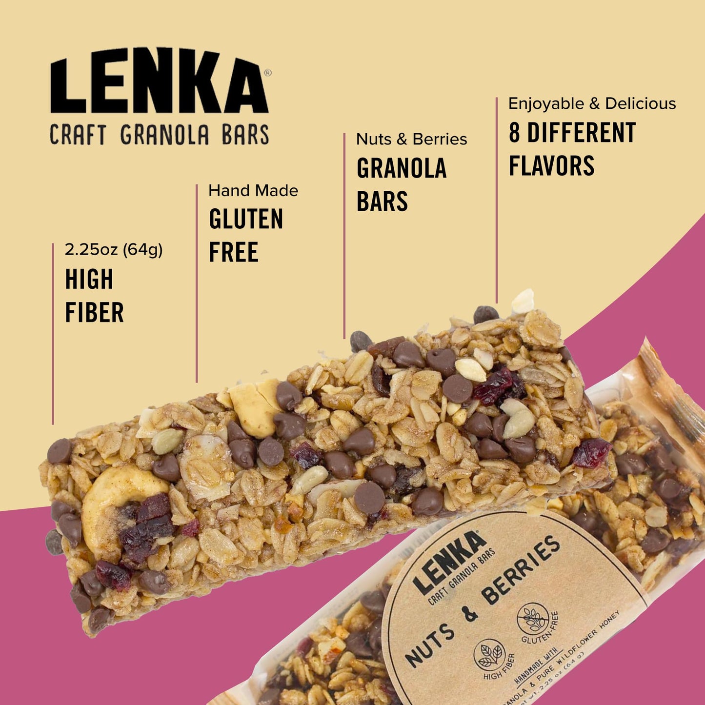 Lenka Handmade Craft Granola Bars - Nuts And Berries Gluten Free High Fiber - Nutritious Snack Bar With Almonds, Cashews & Peanu