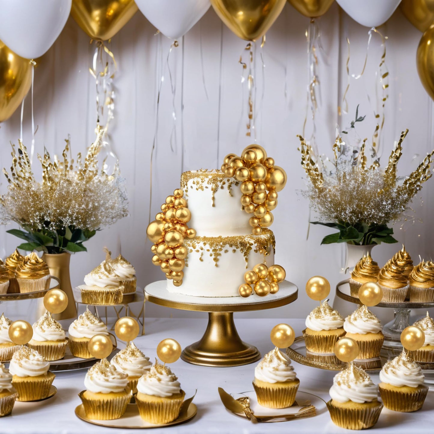 RASSLISA 113 PCS Colorful Ball Cake Picks - Pearl Balls Cupcake Toppers for Birthday Party & Wedding, Gold