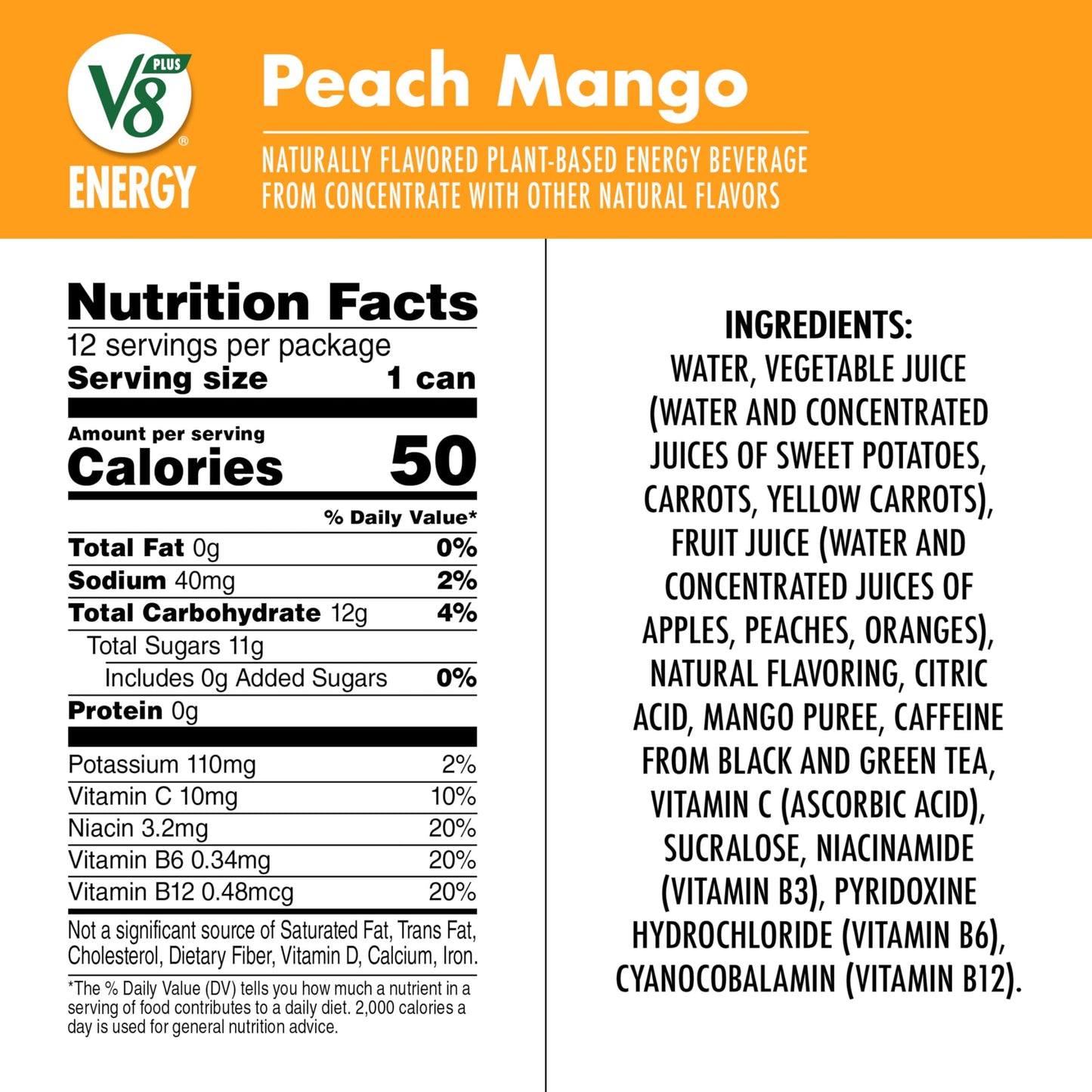 V8 Energy Peach Mango Drink, Pack of 12 (8 Fl Oz), Model 200000024542