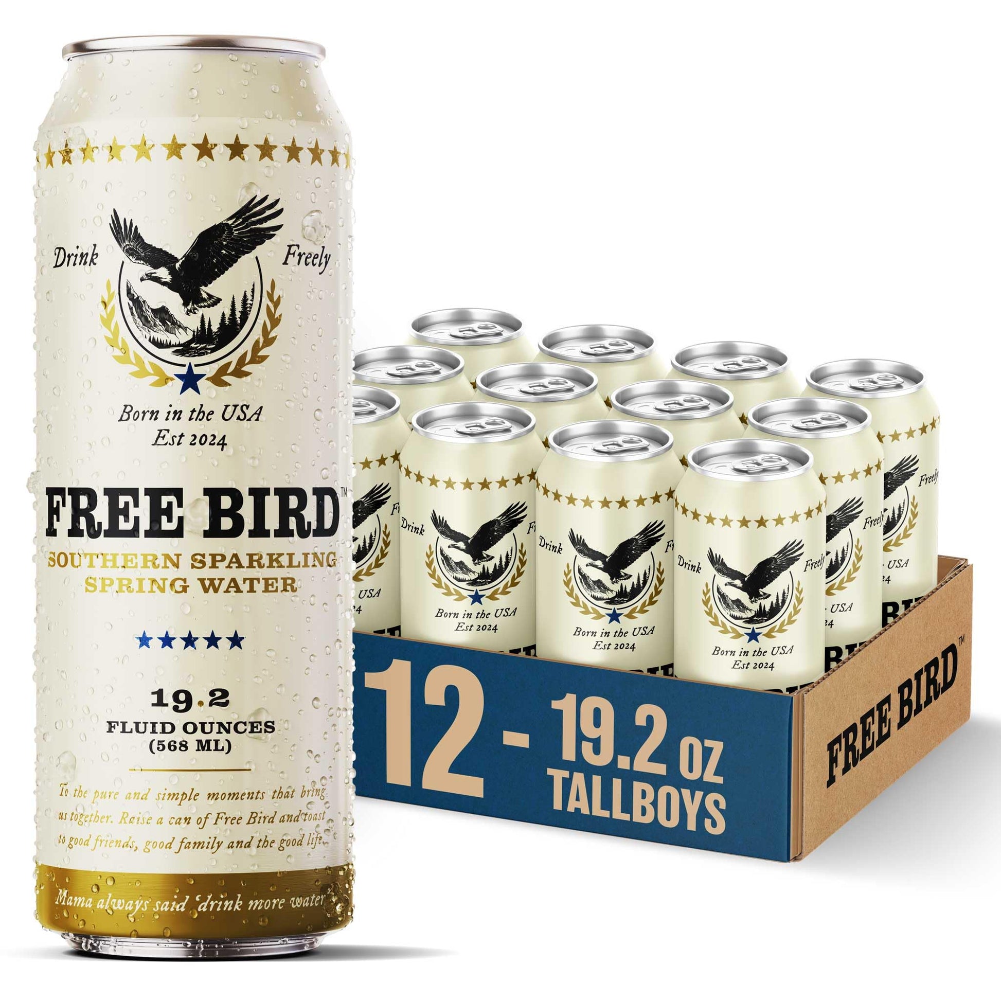 Free Bird, Sparkling Southern Spring Water, 12-Pack (19.2oz Tallboy Cans) - Unflavored Carbonated Zero Sugar, Crisp & Bubbly, Bl