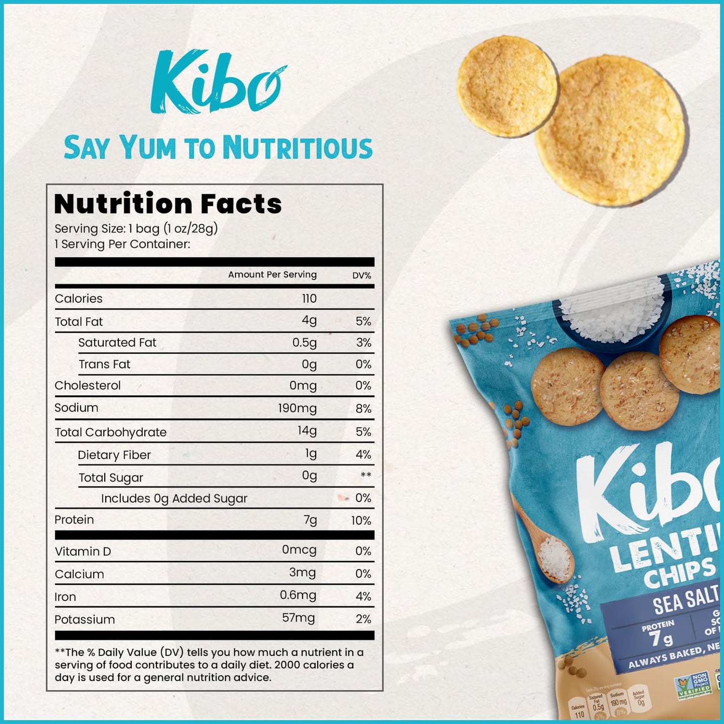 KIBO Sea Salt Flavor Gluten Free Non GMO Plant Based Lentil Chips 28 grams, 12 pack