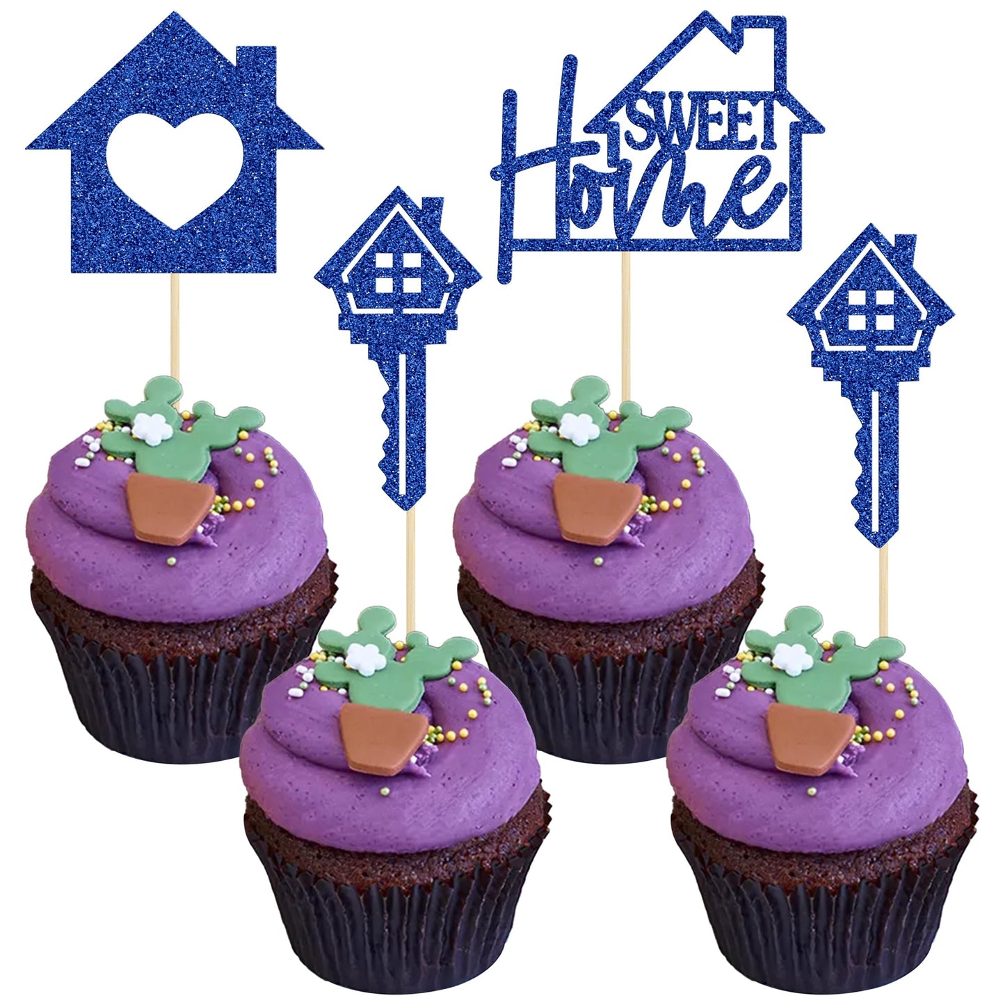 Gyufise Cupcake Toppers, 24 Pack Glitter Housewarming Picks, Blue, Paper, Model ZN0169-1-BL