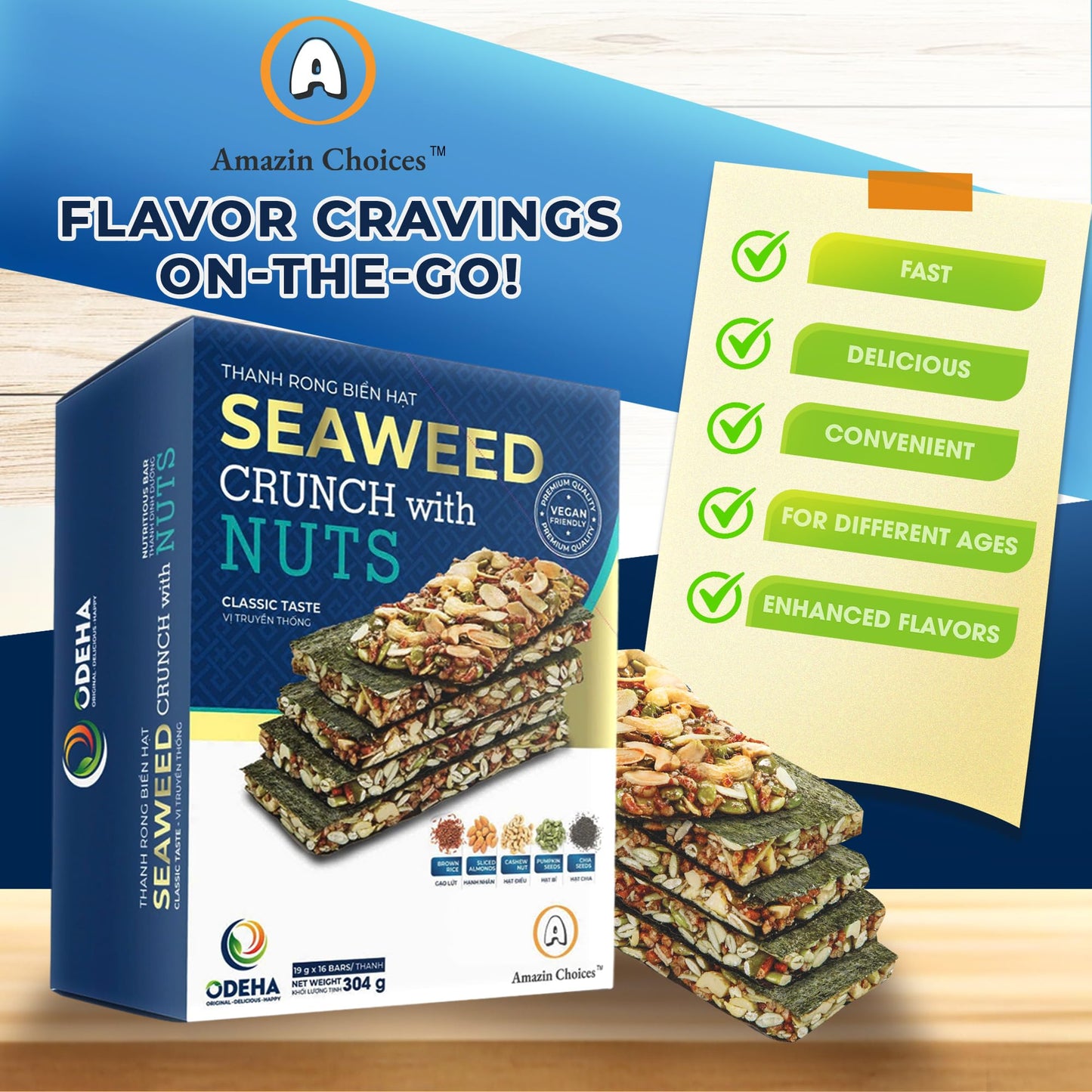 Sea Crunch with Nuts Classic Taste- Amazin Choices Vegan Snack Bars with Cashews  Almonds & Pumpkin Seeds - enhanced Asian Chips - Sea Sheets - Sandwich Sea - Variety Pack