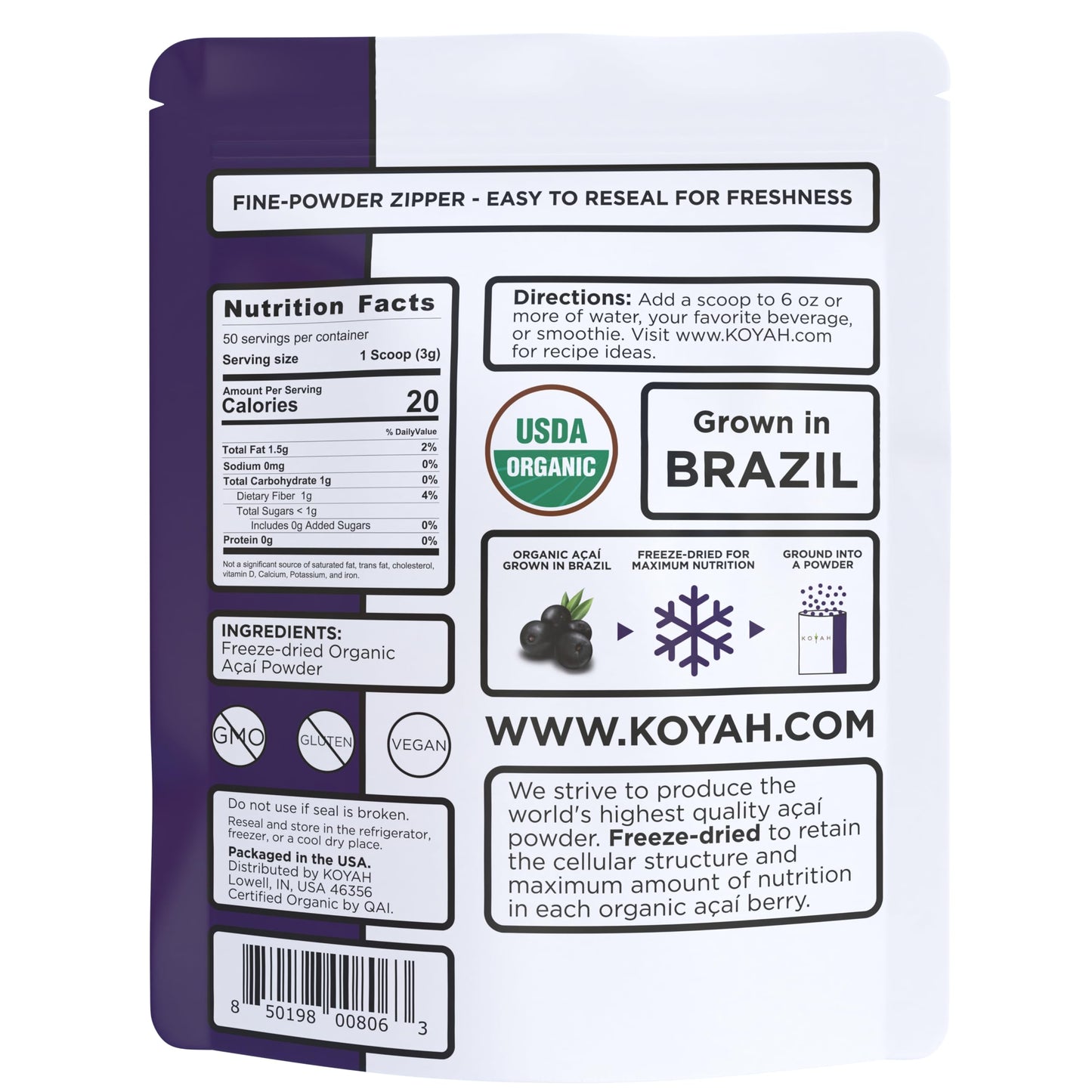 KOYAH - Organic Acai Powder (150g - 50 Servings): Brazil Grown, Freeze-Dried, 100% Pure, No Citric Acid Added, Great in Smoothie