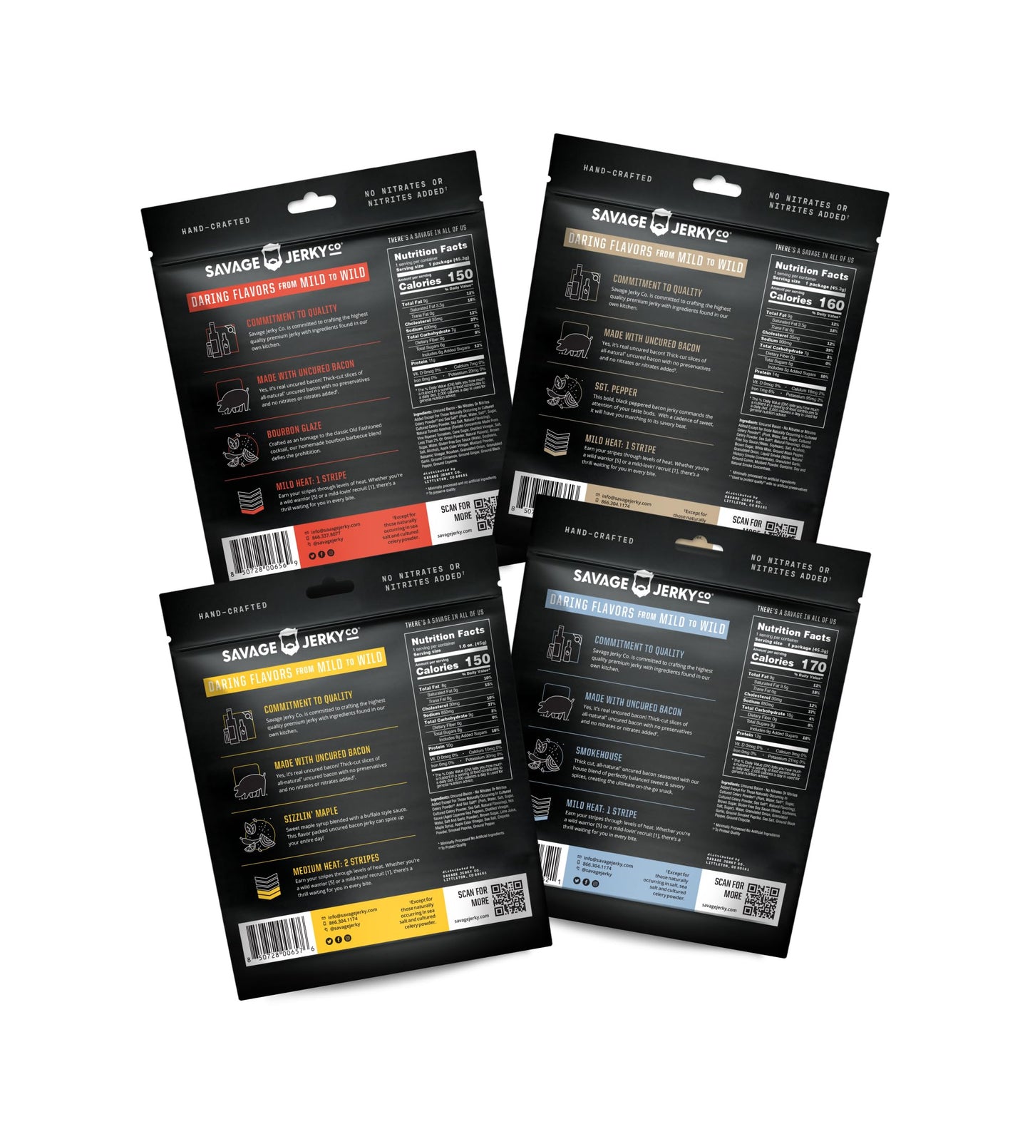 SAVAGE Bacon Jerky Variety - Sizzlin Maple  spirit-inspired flavor Glaze  Smokehouse  Sgt. Pepper (Pack of 4) - Gluten Free  High Protein  Low Calorie