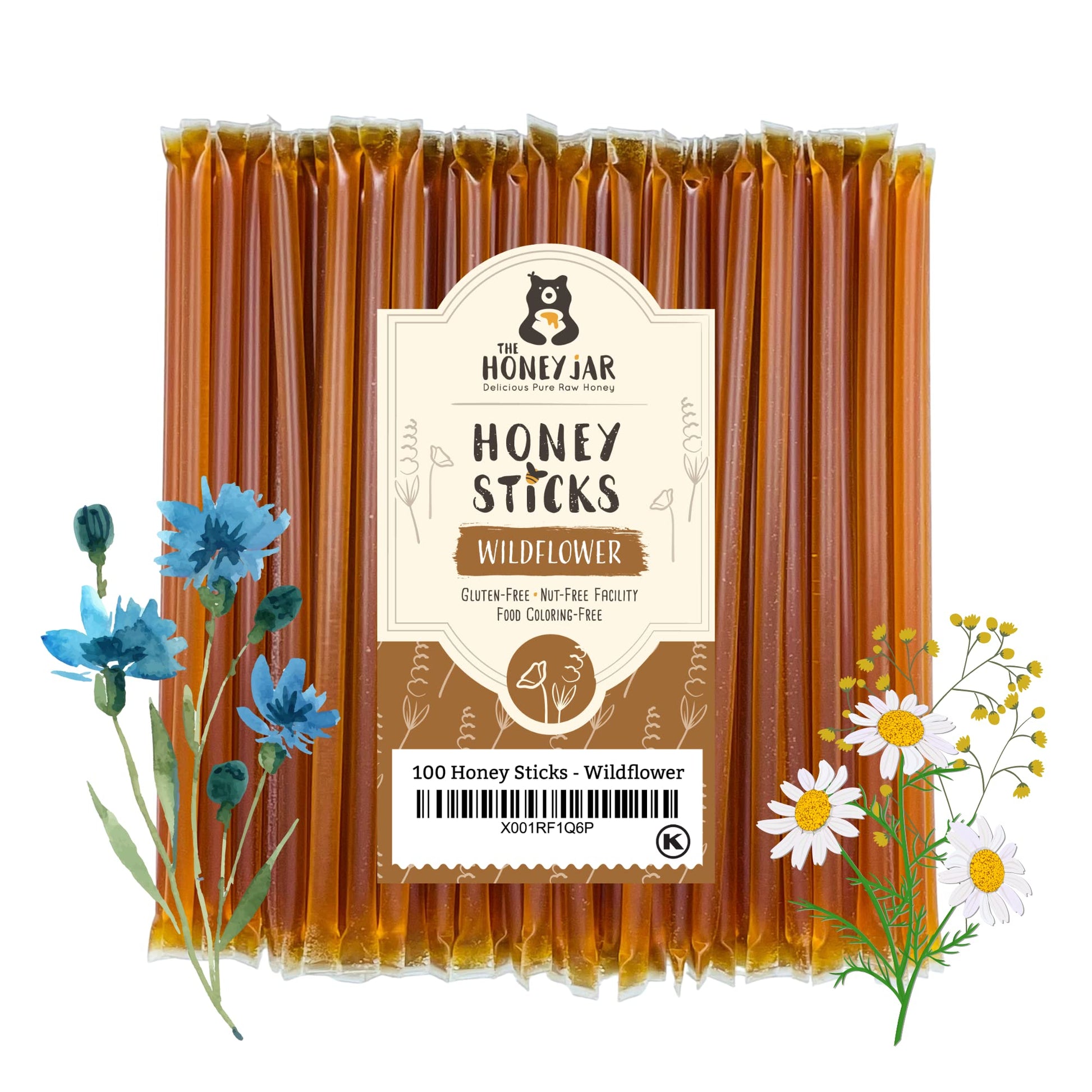 The Honey Jar Wildflower Flavored Raw Honey Sticks - 100 Count Pure Honey Straws for Tea and Coffee