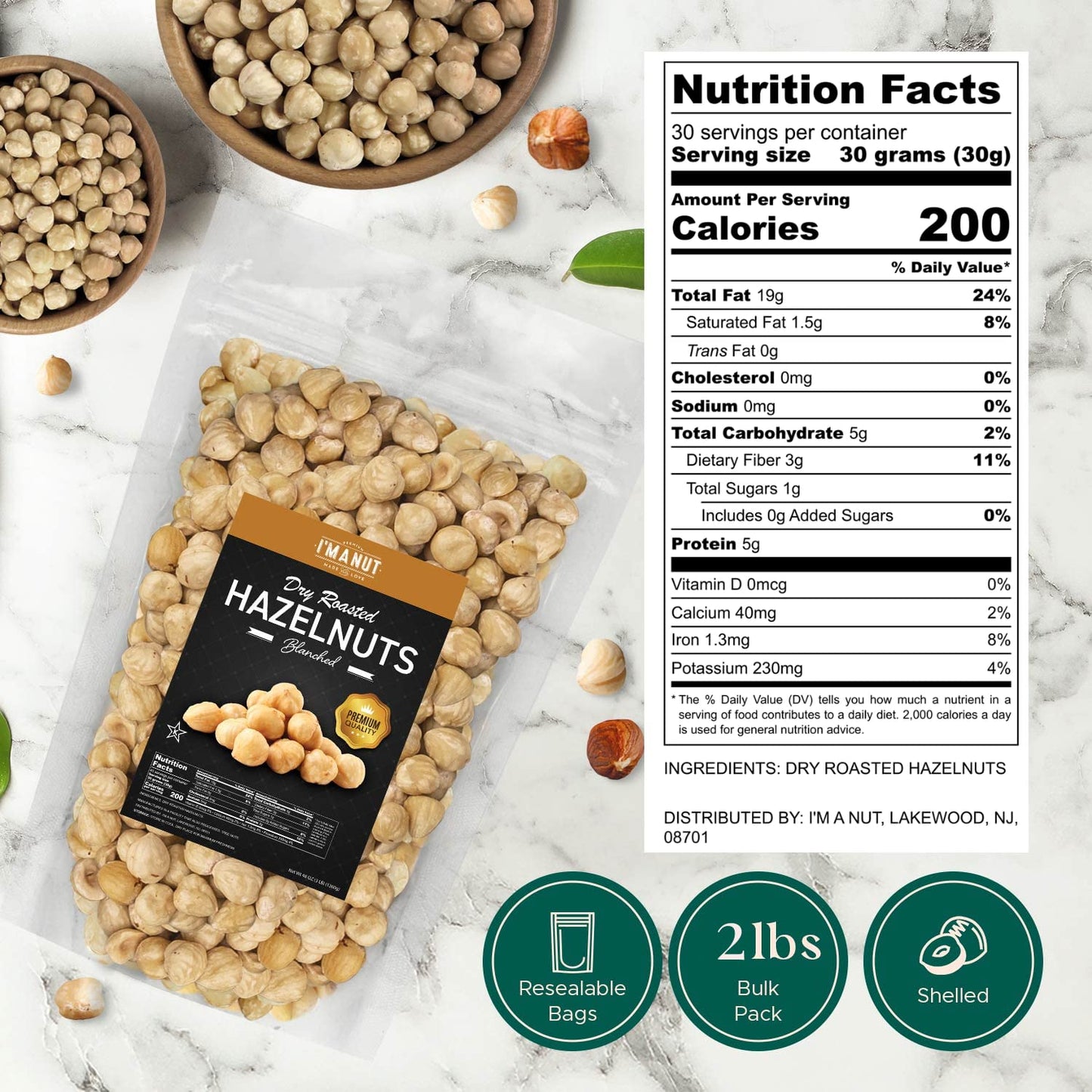 Premium Natural Toasted Hazelnuts, 32Oz (2 Lb) - Small Batch Roasted, Blanched, Non-Gmo, Batch-Tested Gluten & Peanut-Free, Vega