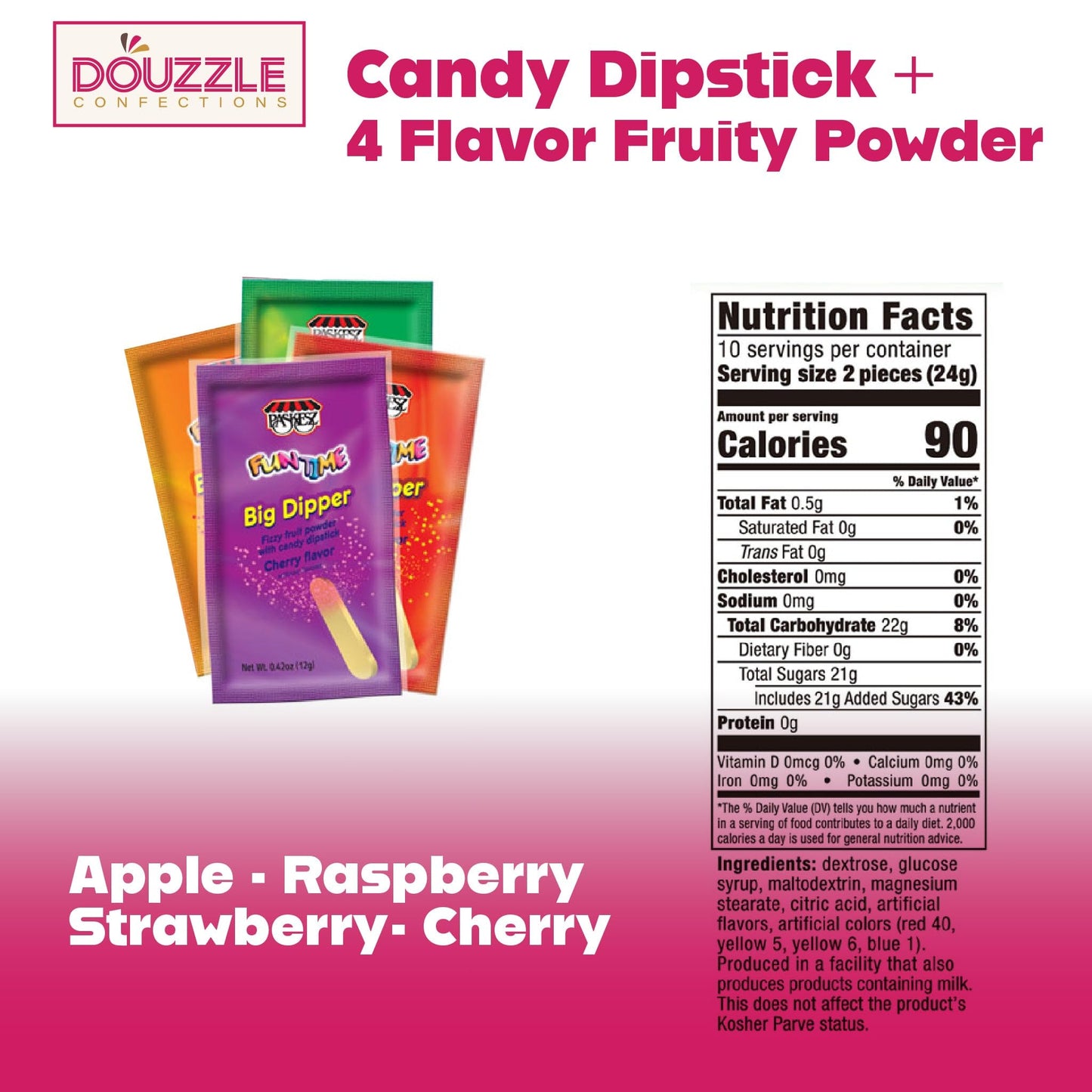 Douzzle Fizzy Fruit Powder With Candy Dipstick (20 Count, Pack Of 1) Individually Wrapped Candies, Birthday Party Favors, Goodie