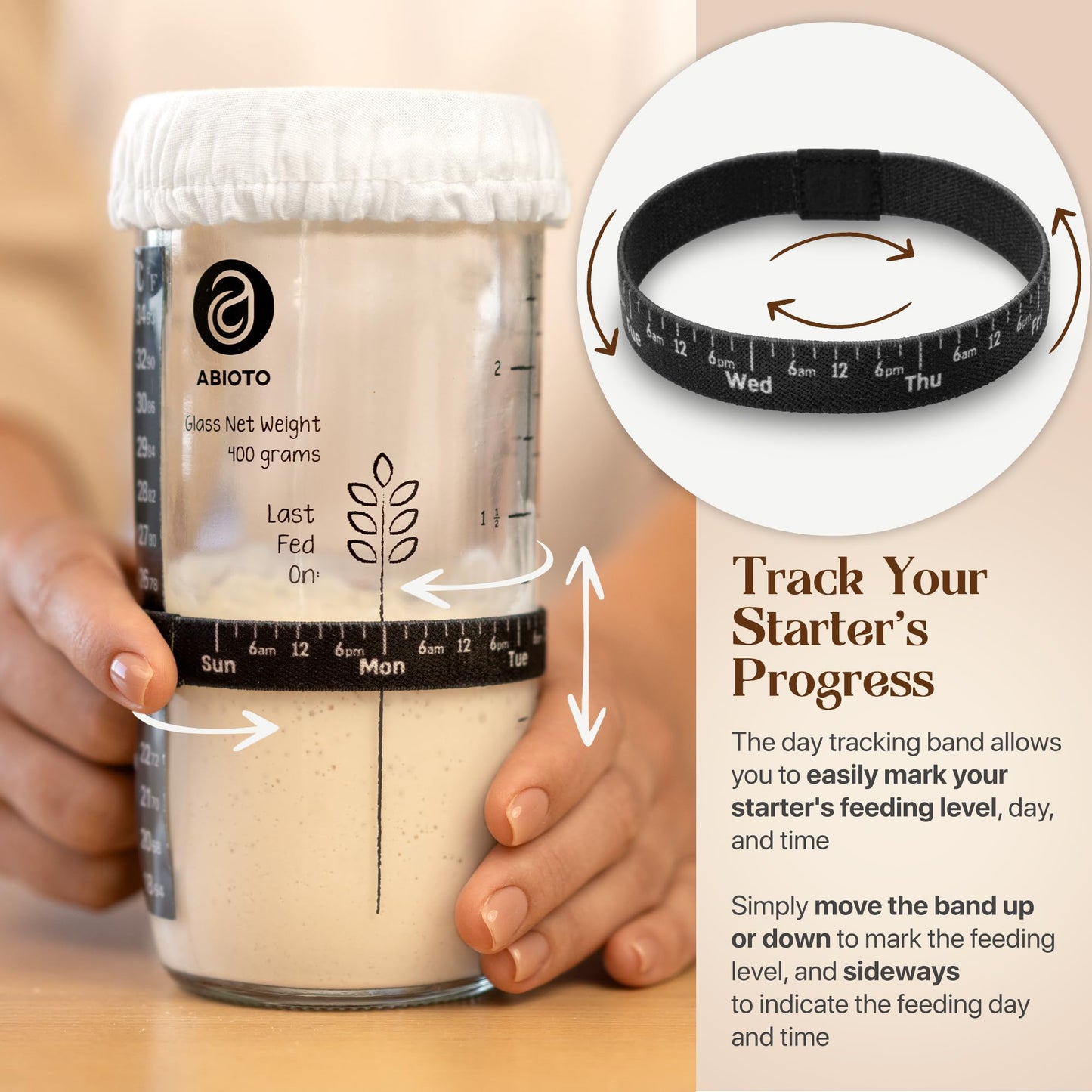 ABIOTO Sourdough Starter Kit  Includes 24 oz Sourdough Starter Jar with Metallic Lid  Silicone Spatula  Feeding Tracker  Extra Thermometer Strips & Breathable Covers - Sourdough Bread Starter Kit